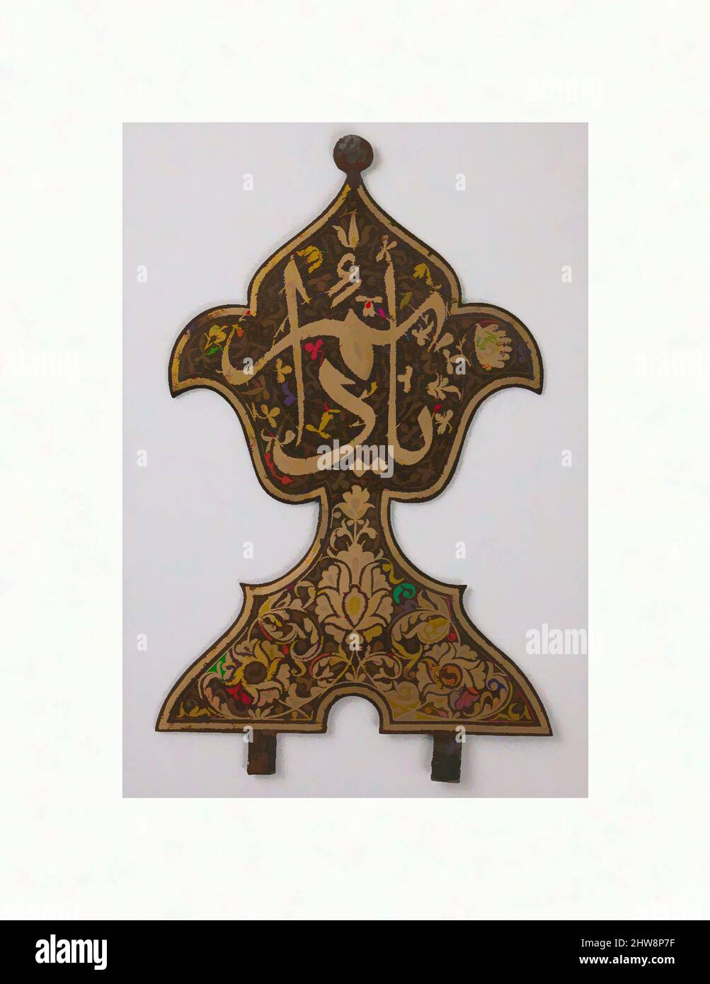 Art inspired by Finial with Arabic Inscription'Ya, Da'im' ('Oh, Everlasting!'), 17th century, Attributed to probably Iran, Steel; inlaid with gold on front and silver foil overlay on reverse, H. (with brackets) 7 3/4 in. (19.7 cm), Metal, Finials such as this example likely came from, Classic works modernized by Artotop with a splash of modernity. Shapes, color and value, eye-catching visual impact on art. Emotions through freedom of artworks in a contemporary way. A timeless message pursuing a wildly creative new direction. Artists turning to the digital medium and creating the Artotop NFT Stock Photo
