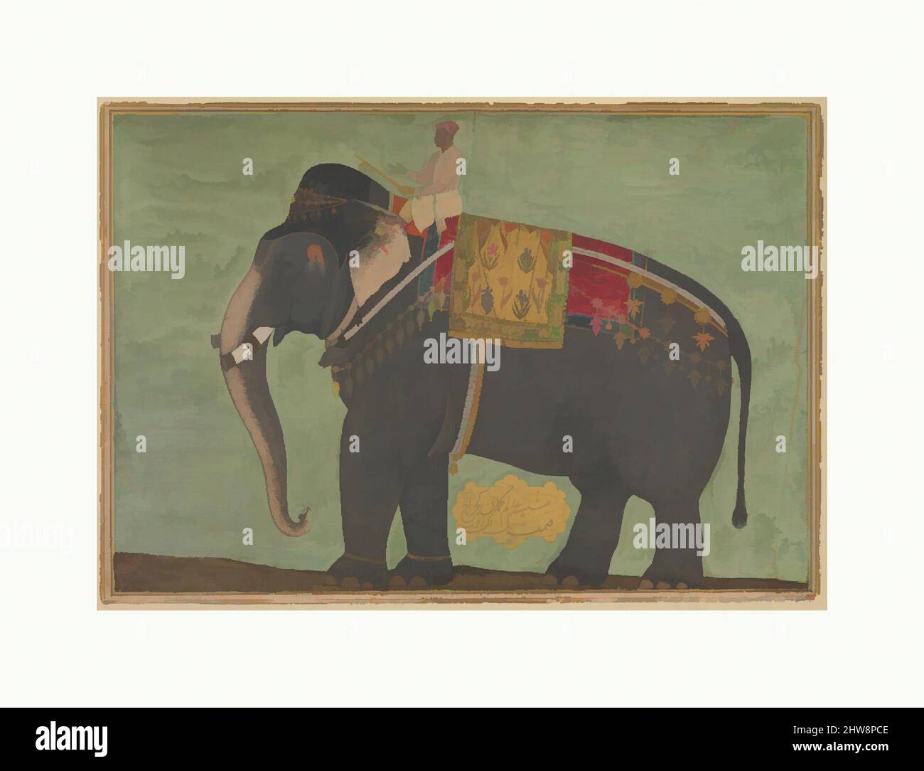 Art inspired by Portrait of the Elephant 'Alam Guman, ca. 1640, Made in India, Opaque watercolor and gold on paper, a) Whole page H. 18.1 in. (46 cm), Codices, Painting attributed to Bichitr (active ca. 1610–60), Persian inscription (in nasta'liq script in gold cartouche, possibly in, Classic works modernized by Artotop with a splash of modernity. Shapes, color and value, eye-catching visual impact on art. Emotions through freedom of artworks in a contemporary way. A timeless message pursuing a wildly creative new direction. Artists turning to the digital medium and creating the Artotop NFT Stock Photo