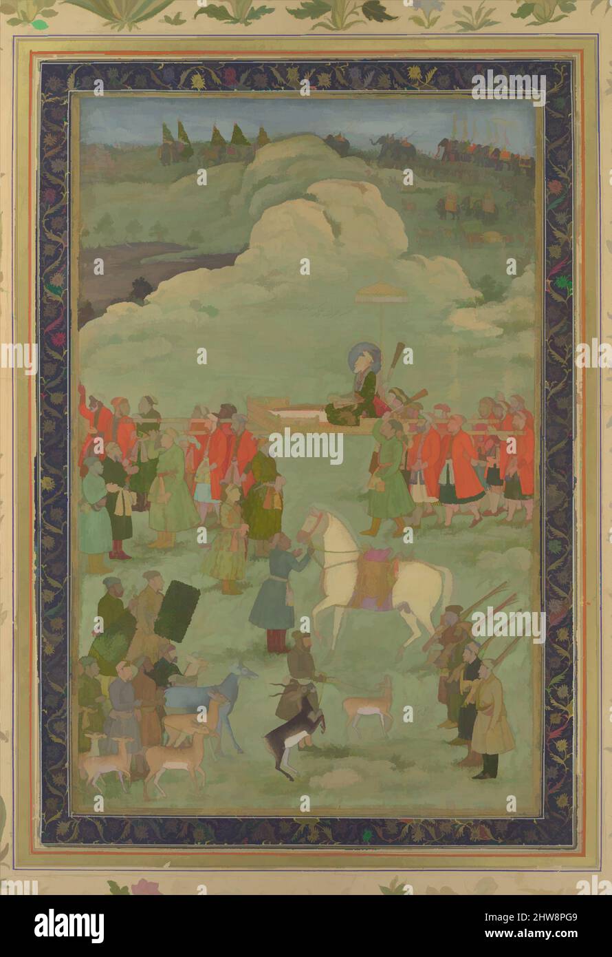 Art inspired by The Emperor Aurangzeb Carried on a Palanquin, ca. 1705–20, Made in India, Opaque watercolor and gold on paper, H. 22 7/8 in. (58.1 cm), Codices, Painting by Bhavanidas (active ca. 1700–1748), The emperor Aurangzeb (r. 1656–1707) and his royal hunting party are shown, Classic works modernized by Artotop with a splash of modernity. Shapes, color and value, eye-catching visual impact on art. Emotions through freedom of artworks in a contemporary way. A timeless message pursuing a wildly creative new direction. Artists turning to the digital medium and creating the Artotop NFT Stock Photo
