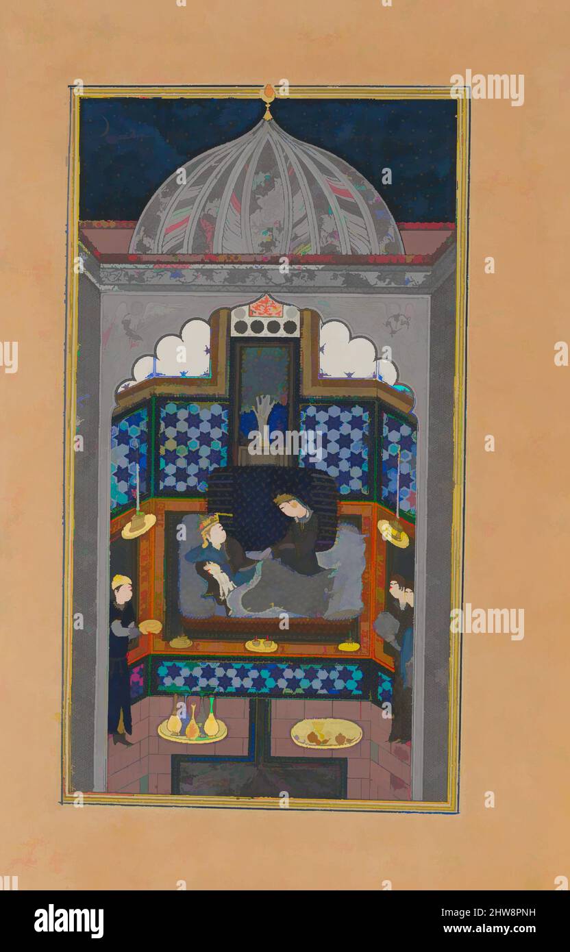 Art inspired by Bahram Gur and the Indian Princess in the Dark Palace on Saturday', Folio 23v from a Haft Paikar (Seven Portraits) of the Khamsa (Quintet) of Nizami, ca. 1430, Made in present-day Afghanistan, Herat, Ink, opaque watercolor, and gold on paper, Painting: H. 8 1/2 in. (21., Classic works modernized by Artotop with a splash of modernity. Shapes, color and value, eye-catching visual impact on art. Emotions through freedom of artworks in a contemporary way. A timeless message pursuing a wildly creative new direction. Artists turning to the digital medium and creating the Artotop NFT Stock Photo