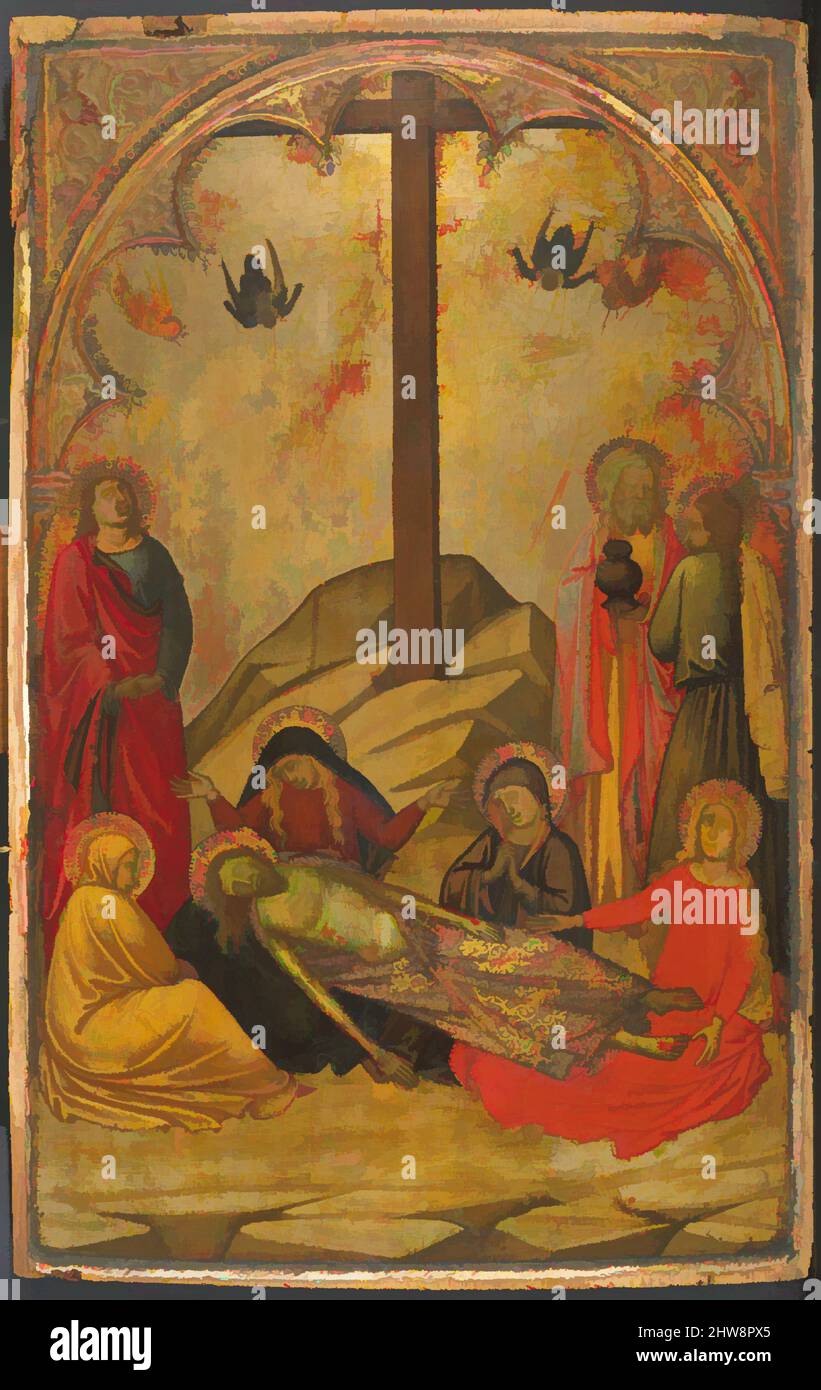 Art inspired by The Lamentation over the Dead Christ, 1370–88, Italian, Siena, Tempera on wood, gold ground, Overall: 16 1/8 x 10 1/2 in. (41 x 26.7 cm); Painted Surface: 15 1/2 x 10 in. (39.4 x 25.4 cm), Paintings, Workshop of Niccolò di Buonaccorso (Italian (Sienese), active by 1372, Classic works modernized by Artotop with a splash of modernity. Shapes, color and value, eye-catching visual impact on art. Emotions through freedom of artworks in a contemporary way. A timeless message pursuing a wildly creative new direction. Artists turning to the digital medium and creating the Artotop NFT Stock Photo
