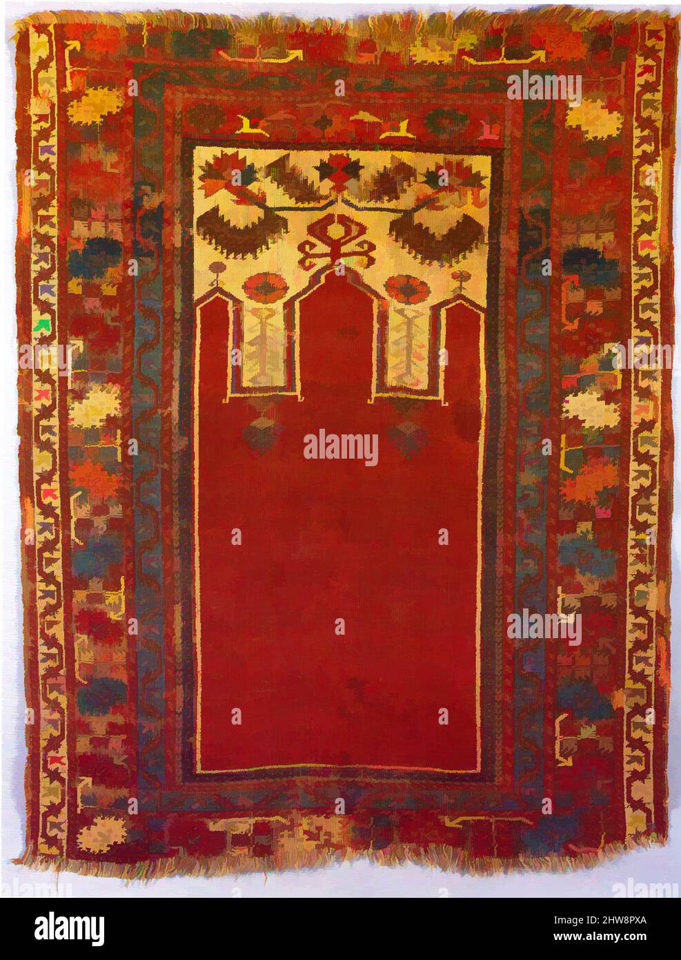 Art inspired by Prayer Rug with Triple Arch Design, probably late 18th century, Country of Origin Turkey, Central Anatolia, Konya, Wool (warp, weft, and pile); symmetrically knotted pile, L. 56 in. x W. 43 in., Textiles-Rugs, Prayer rugs or 'seccade' carpets were among the most popular, Classic works modernized by Artotop with a splash of modernity. Shapes, color and value, eye-catching visual impact on art. Emotions through freedom of artworks in a contemporary way. A timeless message pursuing a wildly creative new direction. Artists turning to the digital medium and creating the Artotop NFT Stock Photo