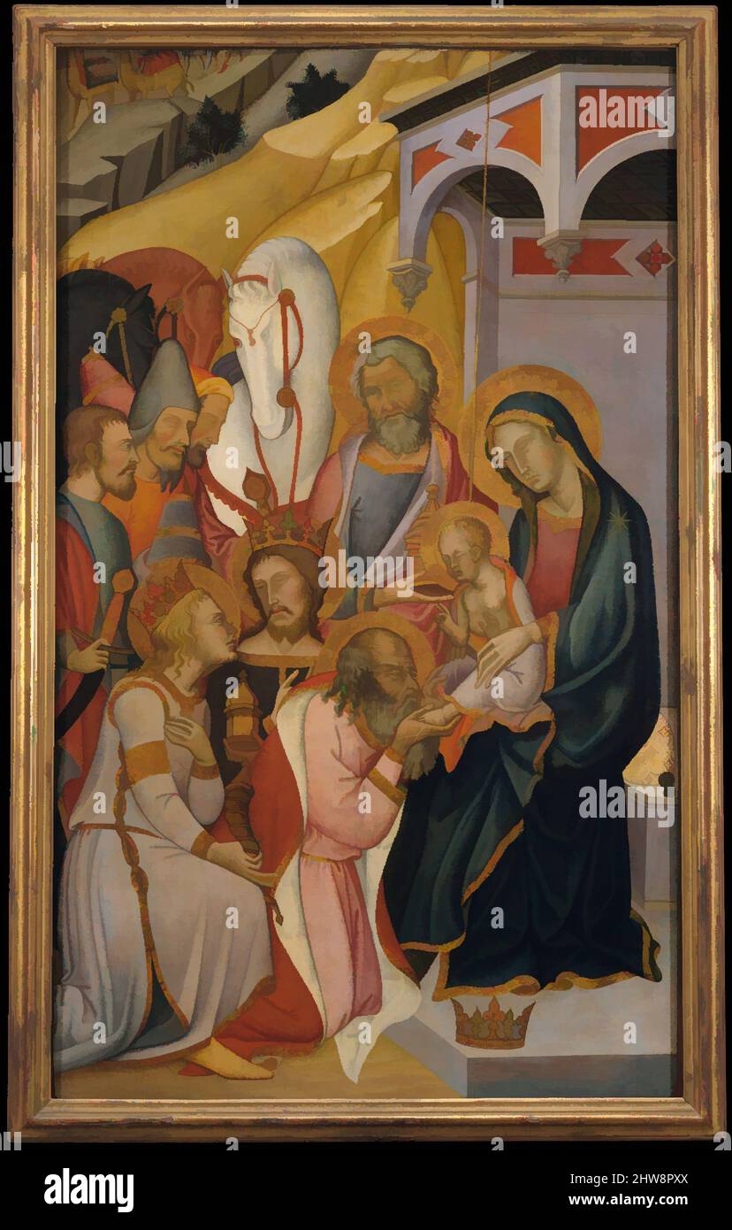 Art inspired by The Adoration of the Magi, ca. 1390, Tempera and gold on wood, 58 1/2 x 35 1/8 in. (148.6 x 89.2 cm), Paintings, Bartolo di Fredi (Italian, active by 1353–died 1410 Siena), Bartolo di Fredi was the most important painter in Siena in the second half of the fourteenth, Classic works modernized by Artotop with a splash of modernity. Shapes, color and value, eye-catching visual impact on art. Emotions through freedom of artworks in a contemporary way. A timeless message pursuing a wildly creative new direction. Artists turning to the digital medium and creating the Artotop NFT Stock Photo