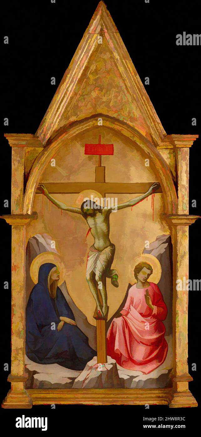 Art inspired by The Crucified Christ between the Virgin and Saint John the Evangelist, ca. 1406, Tempera on wood, gold ground, Overall, including gable, 33 5/8 x 14 1/2 in. (85.4 x 36.8 cm), Paintings, Lorenzo Monaco (Piero di Giovanni) (Italian, Florence (?) ca. 1370–1425 Florence, Classic works modernized by Artotop with a splash of modernity. Shapes, color and value, eye-catching visual impact on art. Emotions through freedom of artworks in a contemporary way. A timeless message pursuing a wildly creative new direction. Artists turning to the digital medium and creating the Artotop NFT Stock Photo