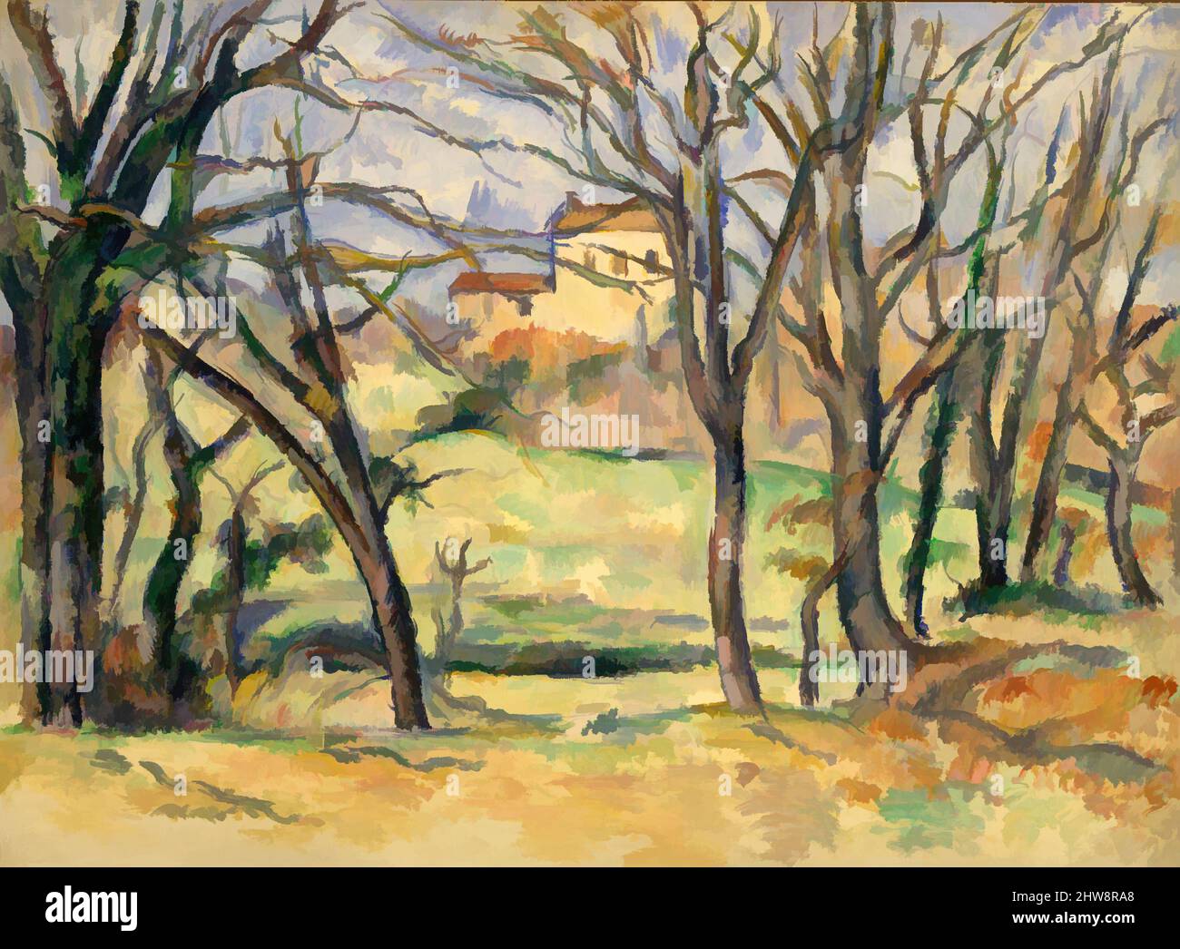 Art inspired by Trees and Houses Near the Jas de Bouffan, 1885–86, Oil on canvas, 26 3/4 x 36 1/4 in. (67.9 x 92.1 cm), Paintings, Paul Cézanne (French, Aix-en-Provence 1839–1906 Aix-en-Provence), Paul Cézanne is rightly remembered for his important contribution to the rise of, Classic works modernized by Artotop with a splash of modernity. Shapes, color and value, eye-catching visual impact on art. Emotions through freedom of artworks in a contemporary way. A timeless message pursuing a wildly creative new direction. Artists turning to the digital medium and creating the Artotop NFT Stock Photo
