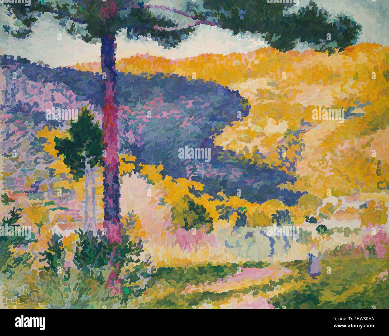 Art inspired by Valley with Fir (Shade on the Mountain), 1909, Oil on canvas, 29 x 35 1/2 in. (73.7 x 90.2 cm), Paintings, Henri-Edmond Cross (Henri-Edmond Delacroix) (French, Douai 1856–1910 Saint-Clair), Henri-Edmond Cross was a practitioner of the Neoimpressionist style of painting, Classic works modernized by Artotop with a splash of modernity. Shapes, color and value, eye-catching visual impact on art. Emotions through freedom of artworks in a contemporary way. A timeless message pursuing a wildly creative new direction. Artists turning to the digital medium and creating the Artotop NFT Stock Photo