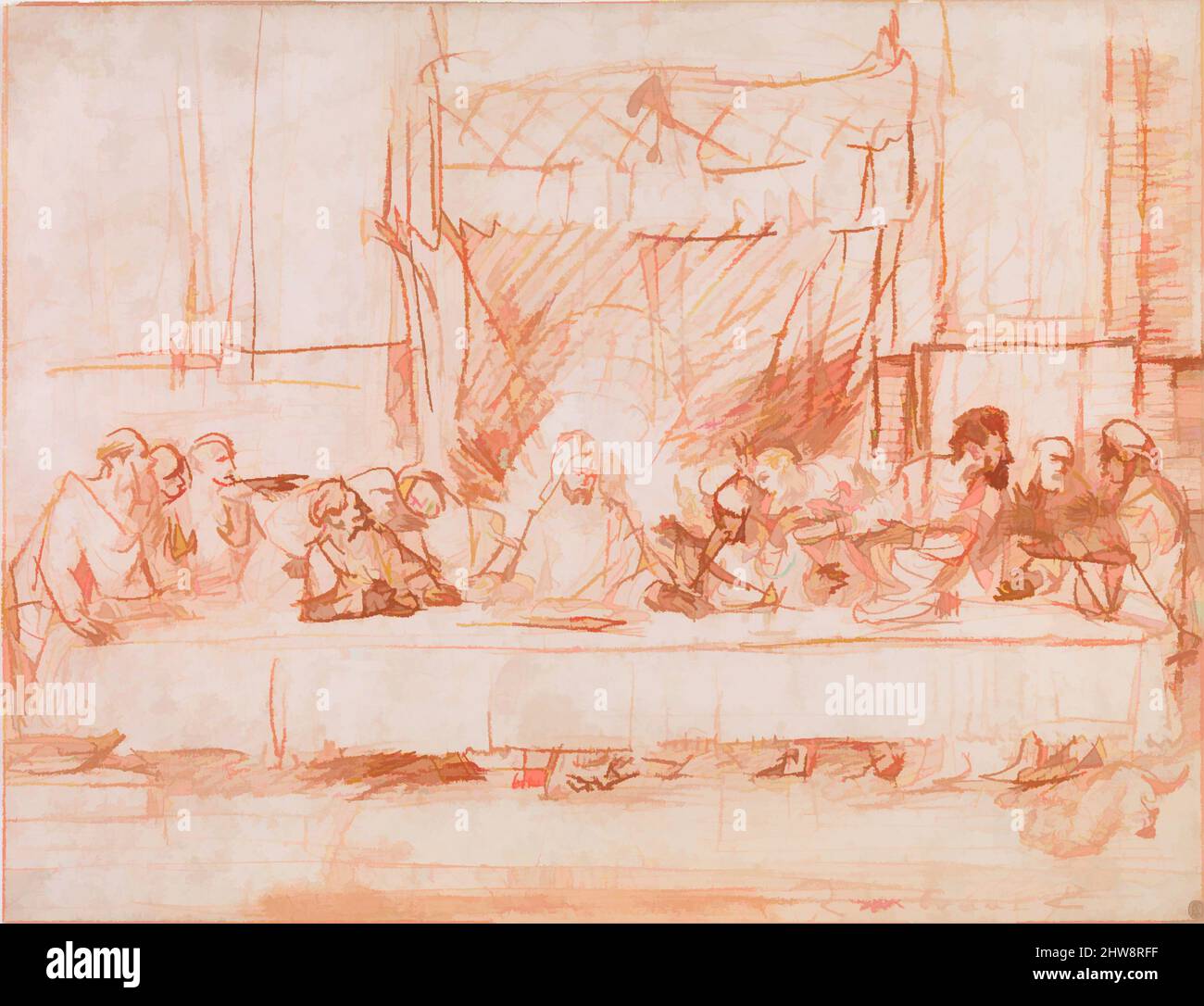 Art inspired by The Last Supper, after Leonardo da Vinci, 1634–35, Red chalk, 14 1/4 x 18 11/16 in. (36.2 x 47.5 cm), Drawings, Rembrandt (Rembrandt van Rijn) (Dutch, Leiden 1606–1669 Amsterdam), This unusually large red-chalk drawing by Rembrandt is closely based on an early print, Classic works modernized by Artotop with a splash of modernity. Shapes, color and value, eye-catching visual impact on art. Emotions through freedom of artworks in a contemporary way. A timeless message pursuing a wildly creative new direction. Artists turning to the digital medium and creating the Artotop NFT Stock Photo