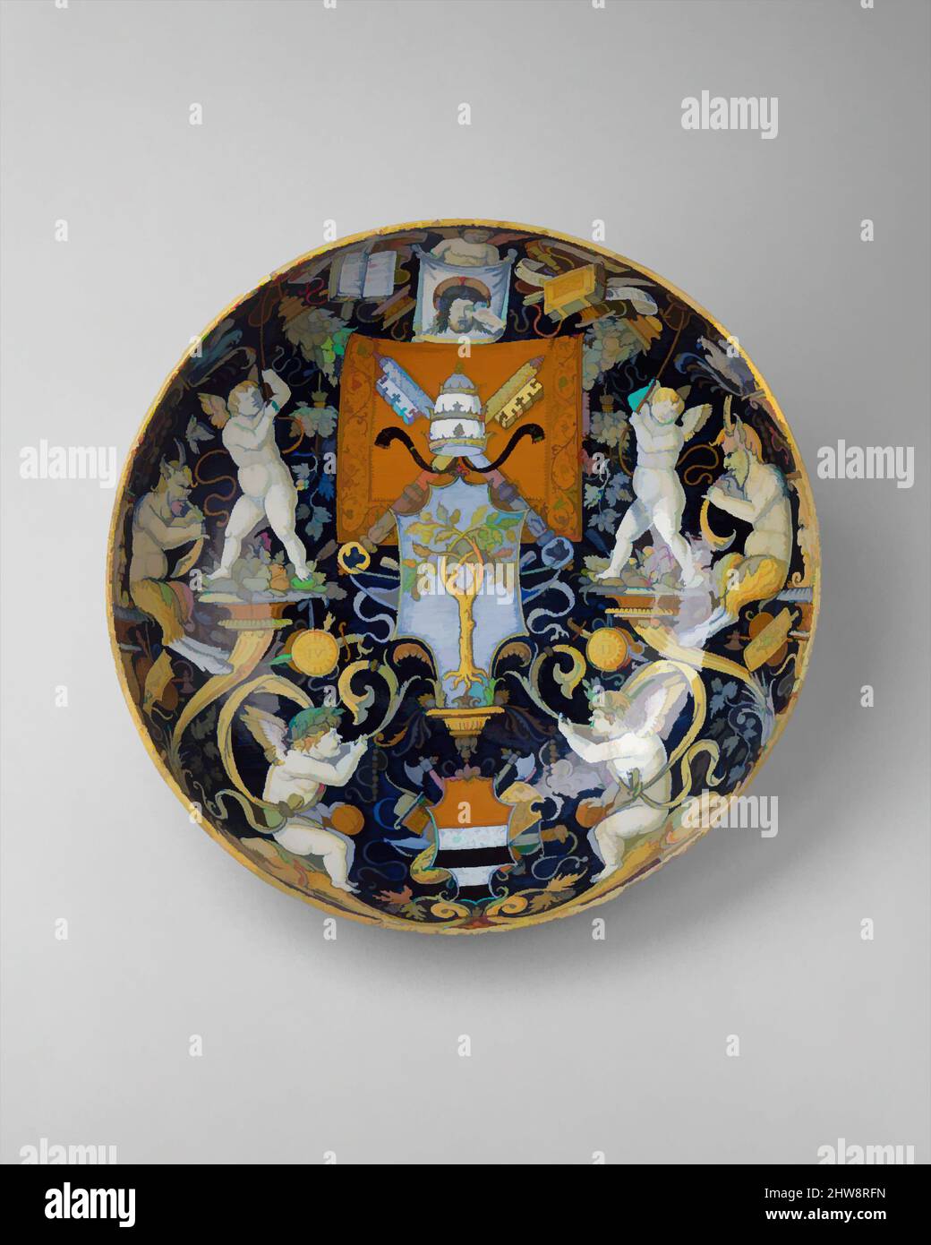 Art inspired by Bowl with the Arms of Pope Julius II and the Manzoli of Bologna surrounded by putti, cornucopiae, satyrs, dolphins, birds, etc., 1508, Italian, Castel Durante, Maiolica (tin-glazed earthenware), Height: 4 5/16 in. (10.9 cm.); Diameter: 12 13/16 in. (32.5 cm), Ceramics-, Classic works modernized by Artotop with a splash of modernity. Shapes, color and value, eye-catching visual impact on art. Emotions through freedom of artworks in a contemporary way. A timeless message pursuing a wildly creative new direction. Artists turning to the digital medium and creating the Artotop NFT Stock Photo