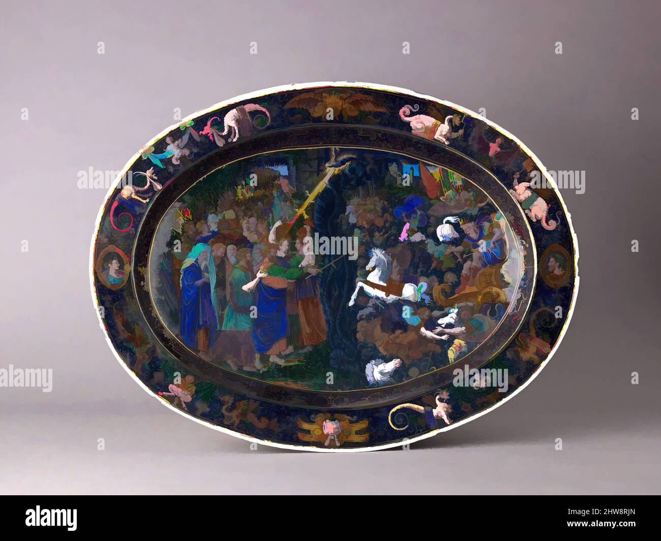 Art inspired by Dish: The Destruction of the Hosts of Pharaoh, probably early 17th century, Painted enamel on copper, partly gilt., 20 11/16 x 15 3/4 in. (52.5 x 40 cm), Enamels, Master IC (probably Jean Court) (French, Limoges, active 1614–1627) or, Jean Cour (or Court) (French, Classic works modernized by Artotop with a splash of modernity. Shapes, color and value, eye-catching visual impact on art. Emotions through freedom of artworks in a contemporary way. A timeless message pursuing a wildly creative new direction. Artists turning to the digital medium and creating the Artotop NFT Stock Photo