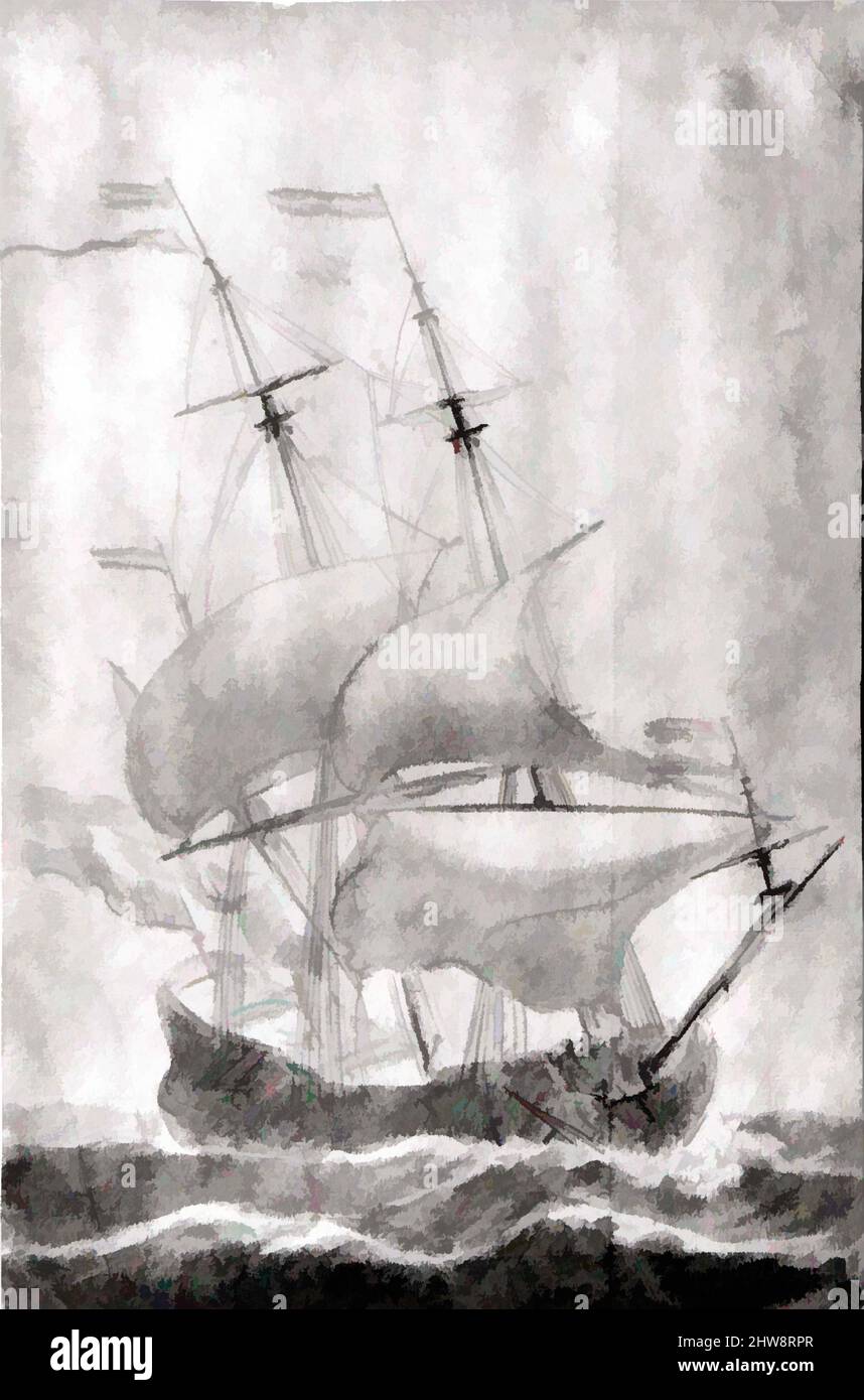 Art inspired by A Dutch Ship in a Strong Breeze, ca. 1665, Brush and gray ink and gray wash over preliminary drawing in pencil., 11 15/16 x 7 13/16 in. (30.3 x 19.8 cm), Drawings, Willem van de Velde I (Dutch, Leiden 1611–1693 London) (and another hand, Classic works modernized by Artotop with a splash of modernity. Shapes, color and value, eye-catching visual impact on art. Emotions through freedom of artworks in a contemporary way. A timeless message pursuing a wildly creative new direction. Artists turning to the digital medium and creating the Artotop NFT Stock Photo
