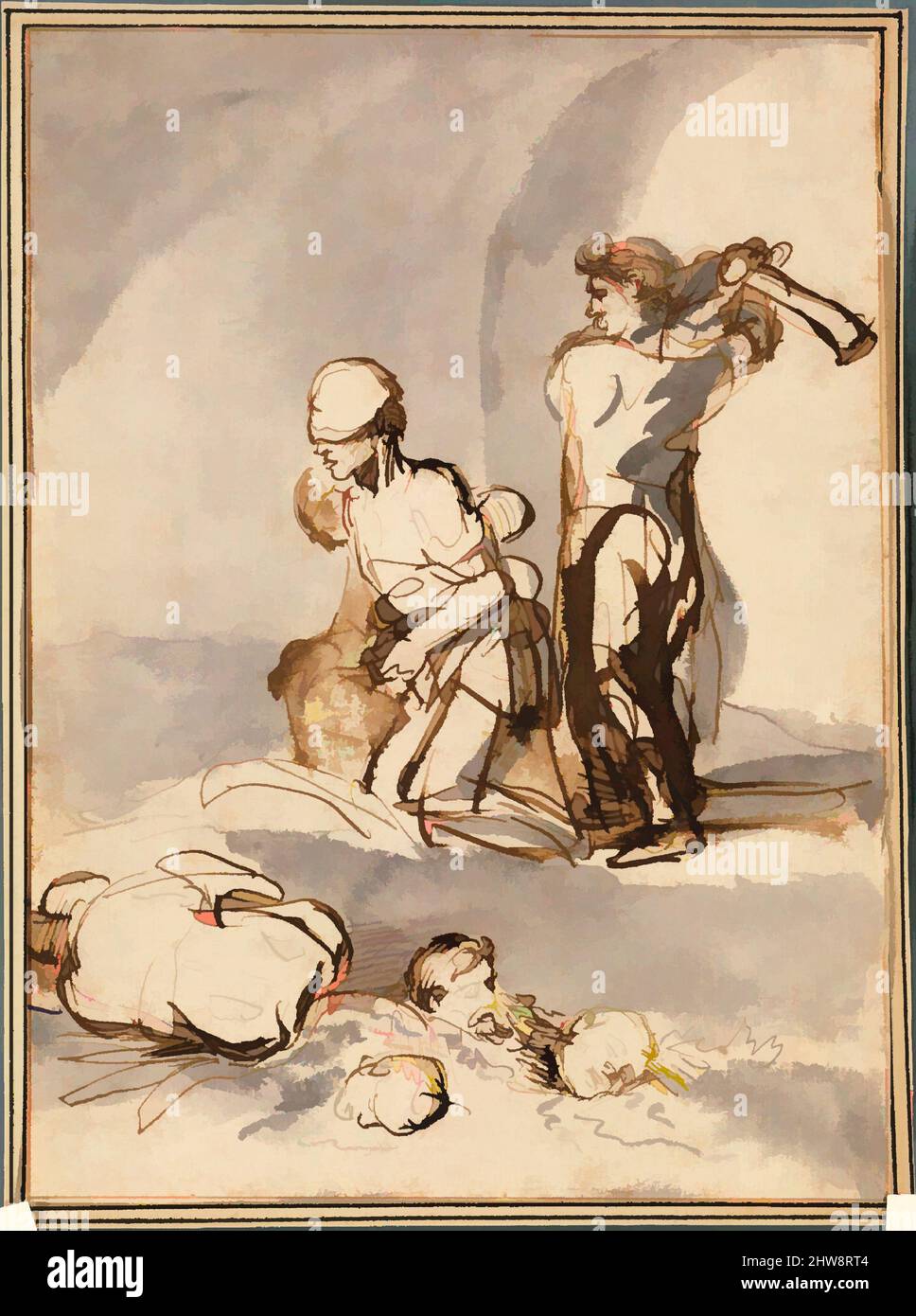 Art inspired by Beheading of Anabaptist Martyrs, ca. 1640, Dutch, Pen and brown ink with brush and brown and gray wash., 7 1/8 x 5 1/4 in. (18.1 x 13.3 cm), Drawings, School of Rembrandt van Rijn (Dutch, 1606–1669, Classic works modernized by Artotop with a splash of modernity. Shapes, color and value, eye-catching visual impact on art. Emotions through freedom of artworks in a contemporary way. A timeless message pursuing a wildly creative new direction. Artists turning to the digital medium and creating the Artotop NFT Stock Photo