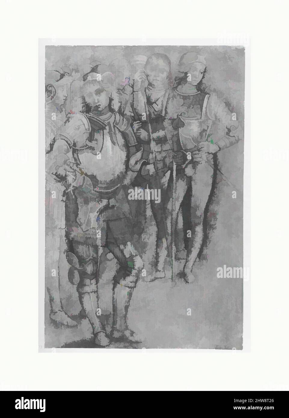 Art inspired by Group of Warriors Standing, late 15th–early 16th century, Tip of the brush and black ink, black wash, traces of black chalk, heightened with white, on dark brown tinted paper., 9 13/16 x 6 5/16 in. (24.9 x 16.1 cm), Drawings, Circle of Perugino (Pietro di Cristoforo, Classic works modernized by Artotop with a splash of modernity. Shapes, color and value, eye-catching visual impact on art. Emotions through freedom of artworks in a contemporary way. A timeless message pursuing a wildly creative new direction. Artists turning to the digital medium and creating the Artotop NFT Stock Photo