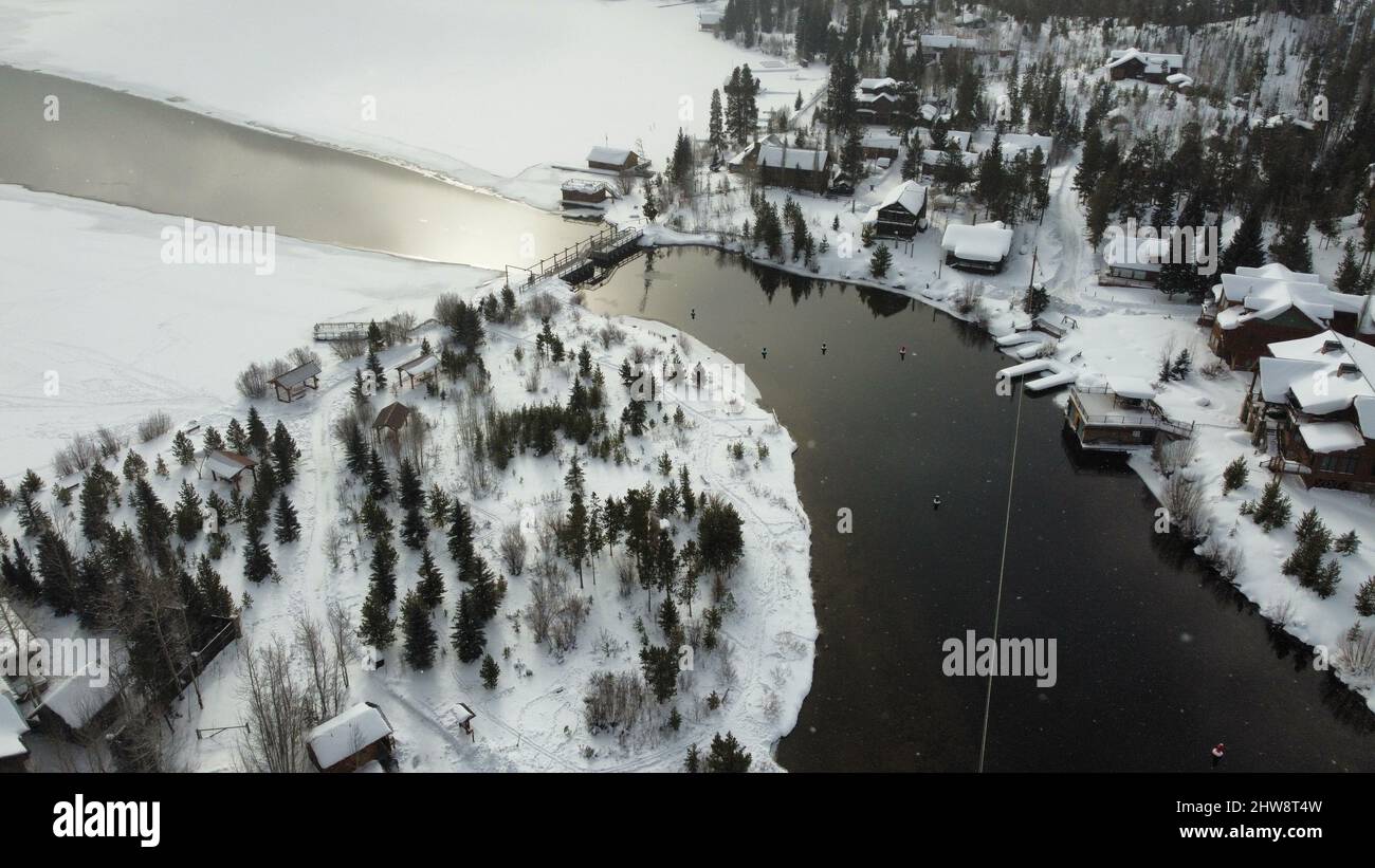 Aerial view of a bridge on a frozen river in the countryside Stock ...