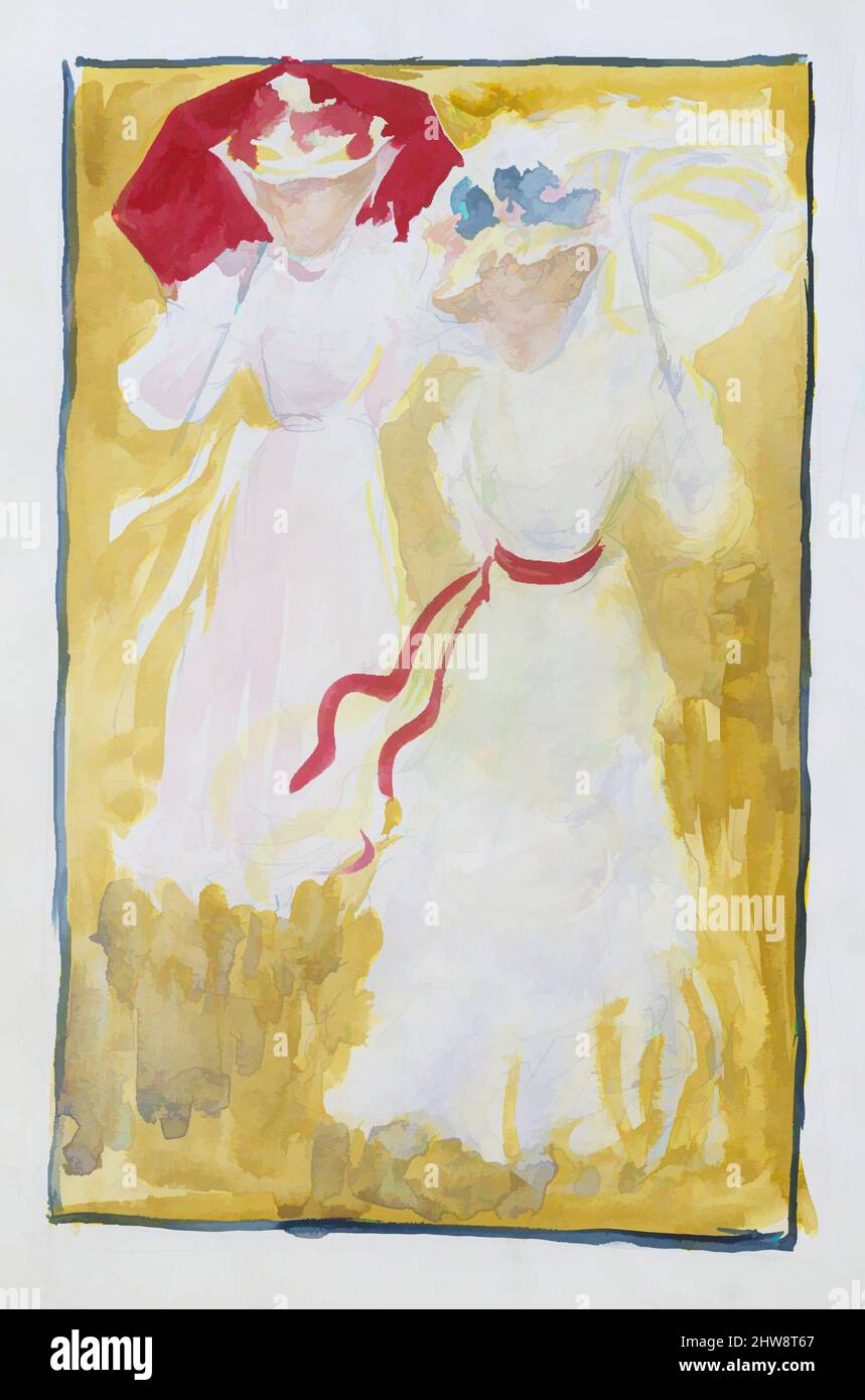 Art inspired by Large Boston Public Garden Sketchbook: Two women crossing a field, 1895–97, Recto: watercolor over pencil, bordered in pencil and watercolor, 14 1/8 x 11 3/16 in. (35.8 x 28.4 cm), Drawings, Maurice Brazil Prendergast (American, St. John’s, Newfoundland 1858–1924 New, Classic works modernized by Artotop with a splash of modernity. Shapes, color and value, eye-catching visual impact on art. Emotions through freedom of artworks in a contemporary way. A timeless message pursuing a wildly creative new direction. Artists turning to the digital medium and creating the Artotop NFT Stock Photo