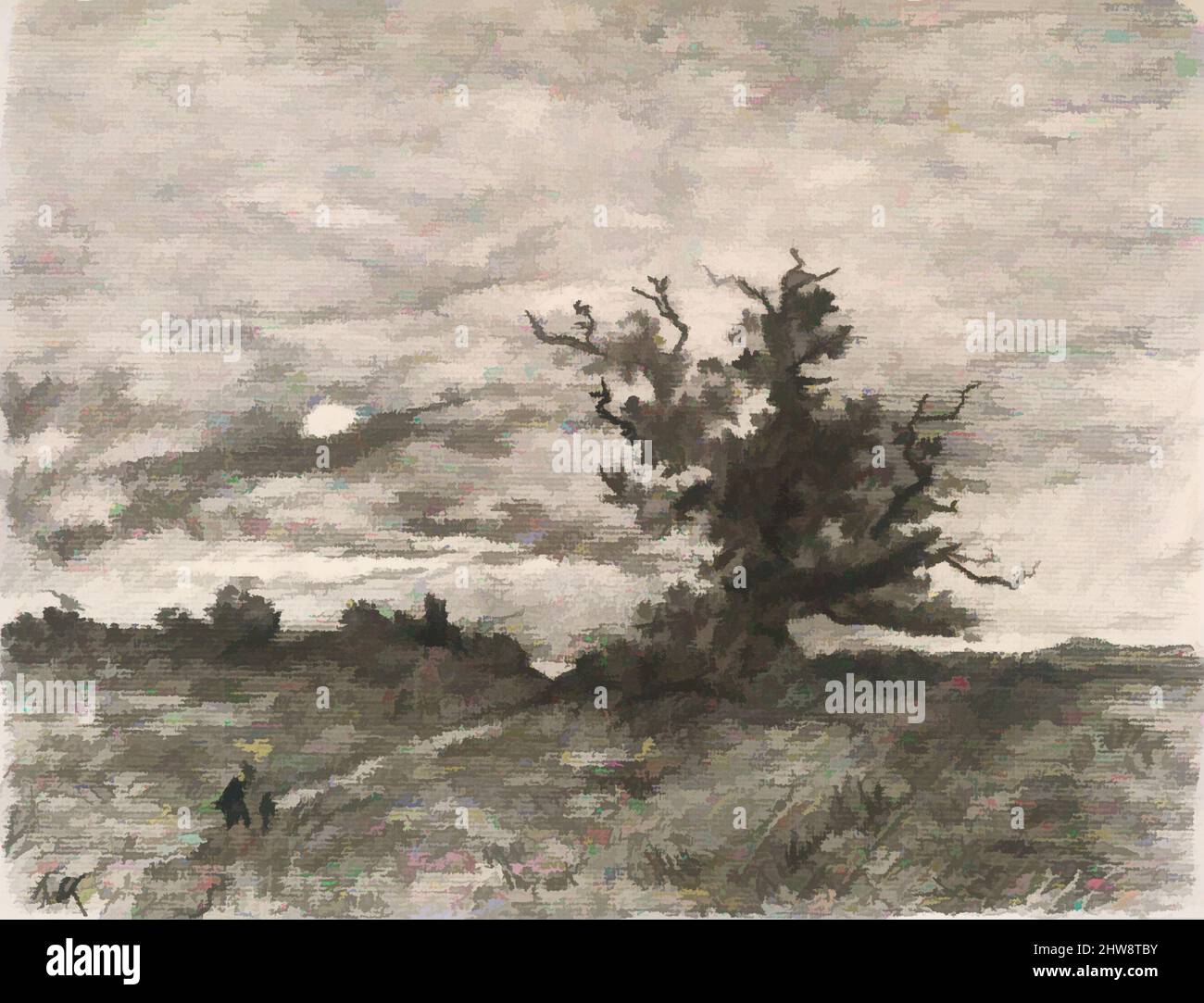 Art inspired by Moonlit Landscape, 1900–1910, Charcoal on off-white laid paper, 8 3/4 x 11 1/2 in. (22.3 x 29.2 cm), Drawings, Henri-Joseph Harpignies (French, Valenciennes 1819–1916 Saint-Privé, Classic works modernized by Artotop with a splash of modernity. Shapes, color and value, eye-catching visual impact on art. Emotions through freedom of artworks in a contemporary way. A timeless message pursuing a wildly creative new direction. Artists turning to the digital medium and creating the Artotop NFT Stock Photo