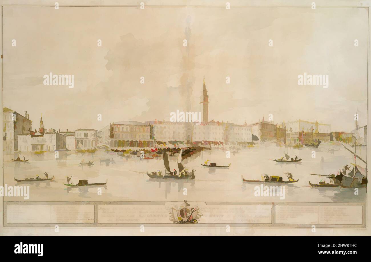 Art inspired by Panorama of Venice from the Bacino di San Marco, Including the Project for the Proposed Teatro Manin, ca. 1788–93, Pen and brown ink, gray wash, and a little body color, 18 11/16 x 34 13/16 in. (47.5 x 88.5 cm), Drawings, Francesco Guardi (Italian, Venice 1712–1793, Classic works modernized by Artotop with a splash of modernity. Shapes, color and value, eye-catching visual impact on art. Emotions through freedom of artworks in a contemporary way. A timeless message pursuing a wildly creative new direction. Artists turning to the digital medium and creating the Artotop NFT Stock Photo