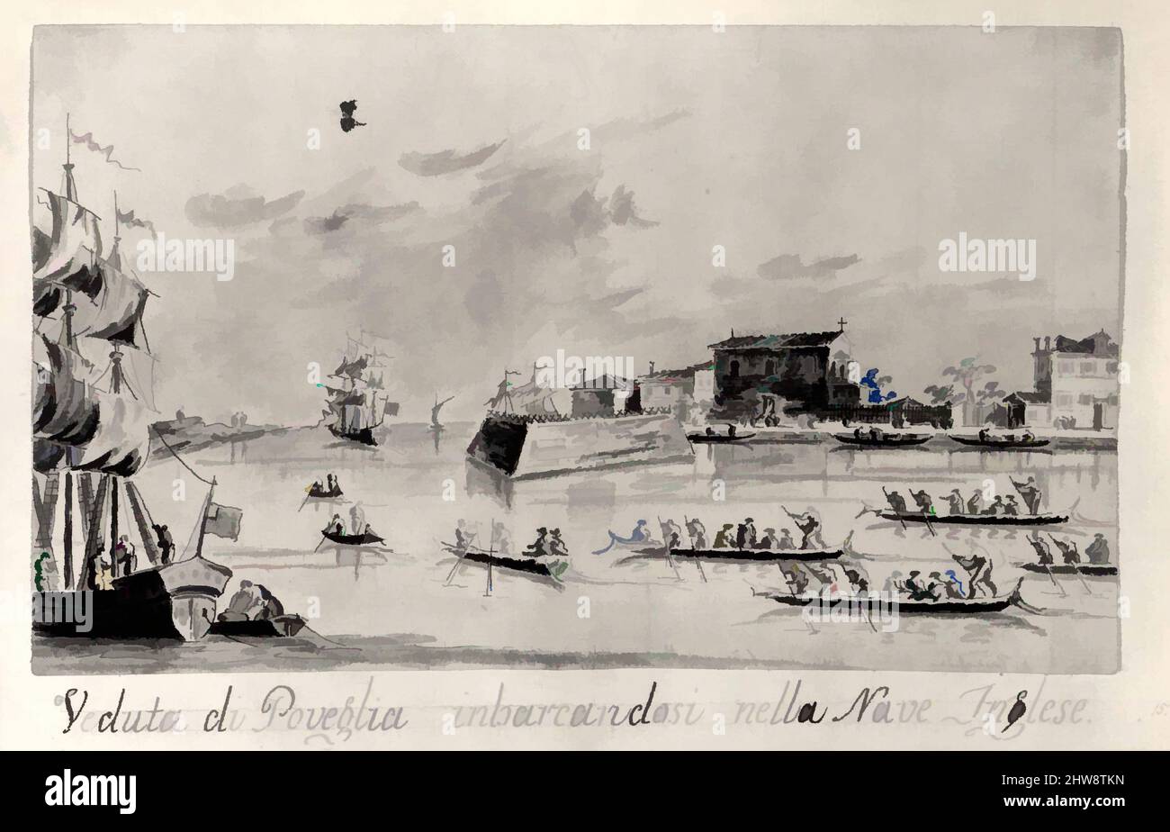 Art inspired by The Island of Povegila, with British Naval Officers Embarking, before 1797 or 1814–15, Pen and brown ink, gray wash, 4 15/16 x 8 5/16 in. (12.5 x 21.1 cm), Drawings, Giacomo Guardi (Italian, Venice (?) 1764–1835 Venice, Classic works modernized by Artotop with a splash of modernity. Shapes, color and value, eye-catching visual impact on art. Emotions through freedom of artworks in a contemporary way. A timeless message pursuing a wildly creative new direction. Artists turning to the digital medium and creating the Artotop NFT Stock Photo
