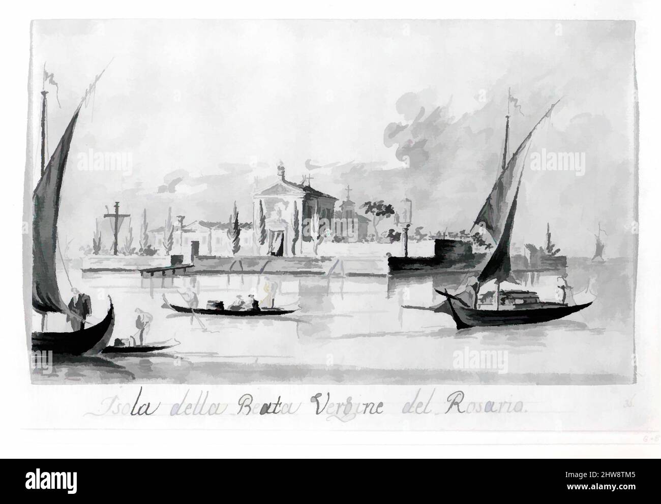 Art inspired by The Island of the Beata Vergine del Rosario, ca. 1804–28, Pen and brown ink, gray wash, 4 15/16 x 8 3/8 in. (12.6 x 21.2 cm), Drawings, Giacomo Guardi (Italian, Venice (?) 1764–1835 Venice, Classic works modernized by Artotop with a splash of modernity. Shapes, color and value, eye-catching visual impact on art. Emotions through freedom of artworks in a contemporary way. A timeless message pursuing a wildly creative new direction. Artists turning to the digital medium and creating the Artotop NFT Stock Photo