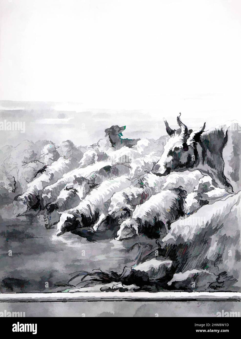 Art inspired by A Flock of Sheep Drinking at a Pool, with a Bullock and a Dog, after 1763, Pen and black ink, gray wash, 10 9/16 x 7 13/16 in. (26.8 x 19.8 cm), Drawings, Giovanni Domenico Tiepolo (Italian, Venice 1727–1804 Venice, Classic works modernized by Artotop with a splash of modernity. Shapes, color and value, eye-catching visual impact on art. Emotions through freedom of artworks in a contemporary way. A timeless message pursuing a wildly creative new direction. Artists turning to the digital medium and creating the Artotop NFT Stock Photo