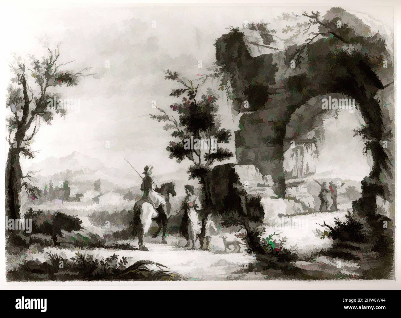Art inspired by Landscape with Ruined Architecture, mid-18th–mid-19th  century, Italian, Charcoal or black chalk, 9 1/8 x 13 1/8 in. (23.1 x 33.4  cm), Drawings, Attributed to the School of Zuccarelli (Italy,, image size:1300x1032