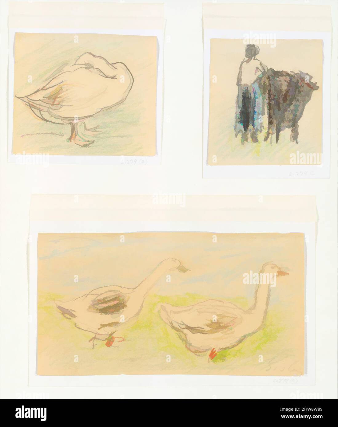 Art inspired by Three Sketches-Two Geese Walking; Peasant Woman with a Cow; Goose Hiding its Head, 1895–97, Three separate sheets of varying sizes, with the same mediums and supports: graphite and colored crayon on buff wove paper, darkened, 2 3/4 x 5 1/8 in. (7 x 13 cm); 2 7/16 x 2 3/, Classic works modernized by Artotop with a splash of modernity. Shapes, color and value, eye-catching visual impact on art. Emotions through freedom of artworks in a contemporary way. A timeless message pursuing a wildly creative new direction. Artists turning to the digital medium and creating the Artotop NFT Stock Photo