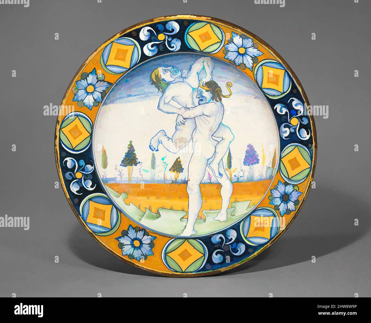 Art inspired by Dish (piatto); The story of Hercules: Hercules lifts the giant Antaeus clear of the Earth, his mother, from whom he derived his phenomenal strength, ca. 1490–1500, Italian, Deruta, Maiolica (tin-glazed earthenware), Diameter: 17 in. (43.2cm), Ceramics-Pottery, Classic works modernized by Artotop with a splash of modernity. Shapes, color and value, eye-catching visual impact on art. Emotions through freedom of artworks in a contemporary way. A timeless message pursuing a wildly creative new direction. Artists turning to the digital medium and creating the Artotop NFT Stock Photo