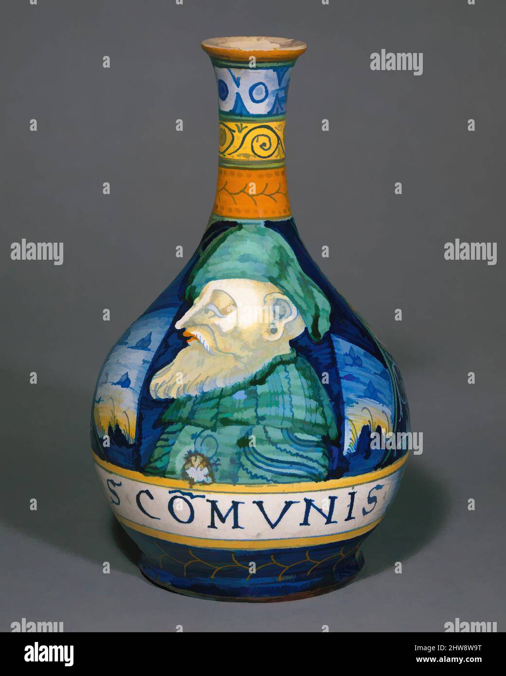Art inspired by Apothecary bottle (fiasca da farmacia), ca. 1530–40, Italian, Castelli, Maiolica (tin-glazed earthenware), Height: 9 15/16 in. (25.2 cm), Ceramics-Pottery, Classic works modernized by Artotop with a splash of modernity. Shapes, color and value, eye-catching visual impact on art. Emotions through freedom of artworks in a contemporary way. A timeless message pursuing a wildly creative new direction. Artists turning to the digital medium and creating the Artotop NFT Stock Photo