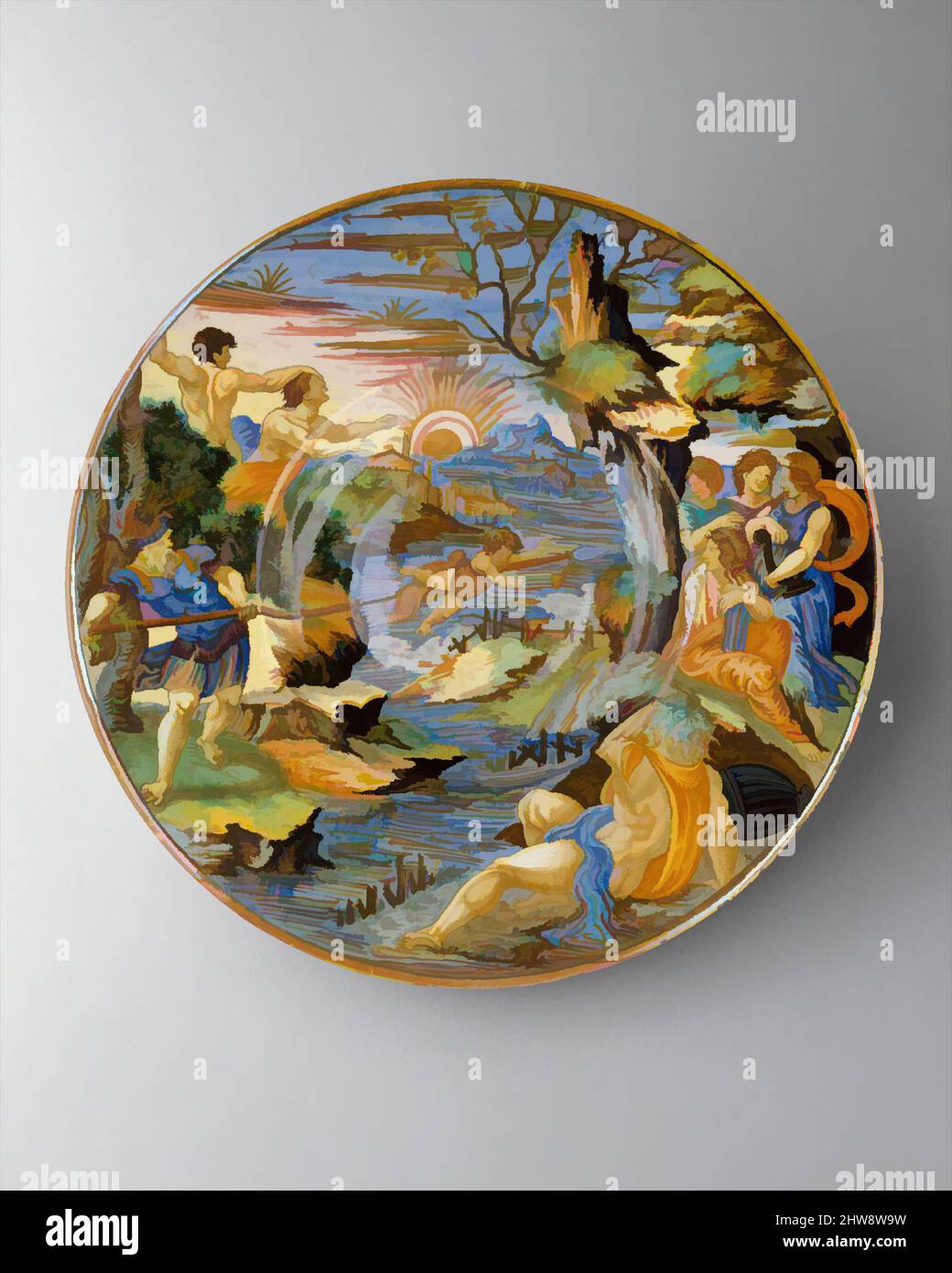 Art inspired by Plate (tagliere), 1539, Maiolica (tin-glazed earthenware), Diameter: 11 11/16 in. (29.7cm), Ceramics-Pottery, Francesco Xanto Avelli da Rovigo (Italian, Rovigo ca7–1542, Classic works modernized by Artotop with a splash of modernity. Shapes, color and value, eye-catching visual impact on art. Emotions through freedom of artworks in a contemporary way. A timeless message pursuing a wildly creative new direction. Artists turning to the digital medium and creating the Artotop NFT Stock Photo
