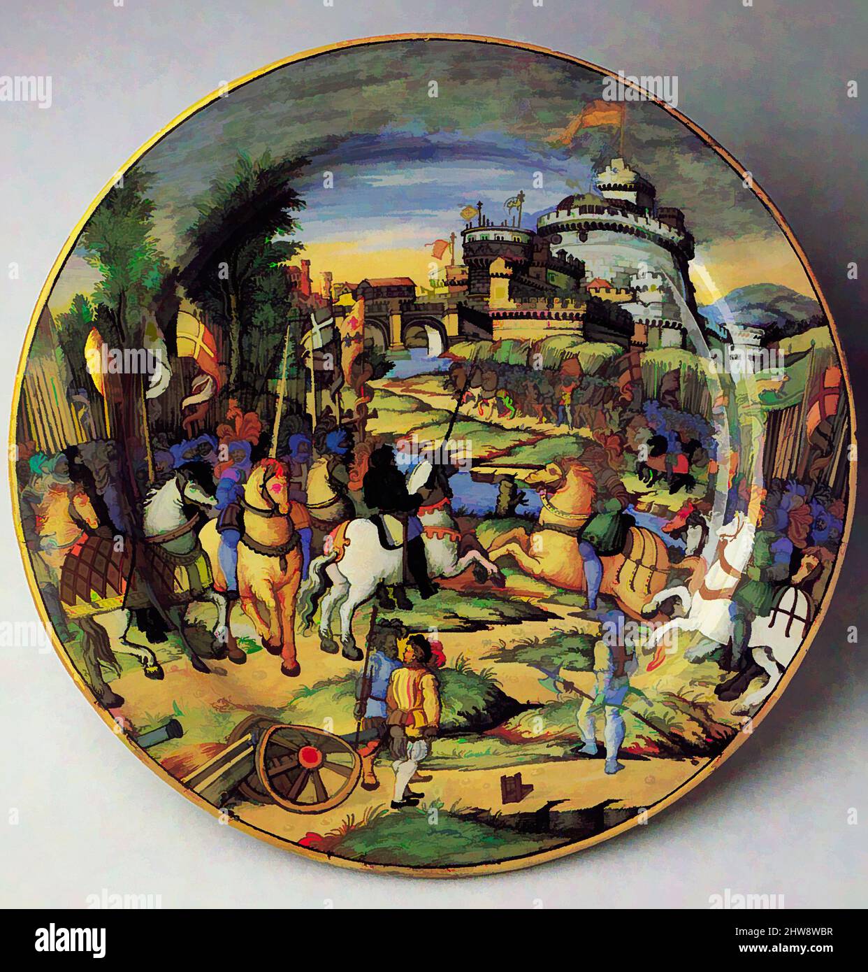 Art inspired by Large plate (grande piatto): An episode from the Sack of Rome, 1527: the assault on the Borgo (?), ca. 1540, Italian, Urbino, Maiolica (tin-glazed earthenware), Diameter: 17 3/8 in. (44.2 cm), Ceramics-Pottery, workshop of Guido Durantino (Italian, Urbino, active 1516–, Classic works modernized by Artotop with a splash of modernity. Shapes, color and value, eye-catching visual impact on art. Emotions through freedom of artworks in a contemporary way. A timeless message pursuing a wildly creative new direction. Artists turning to the digital medium and creating the Artotop NFT Stock Photo