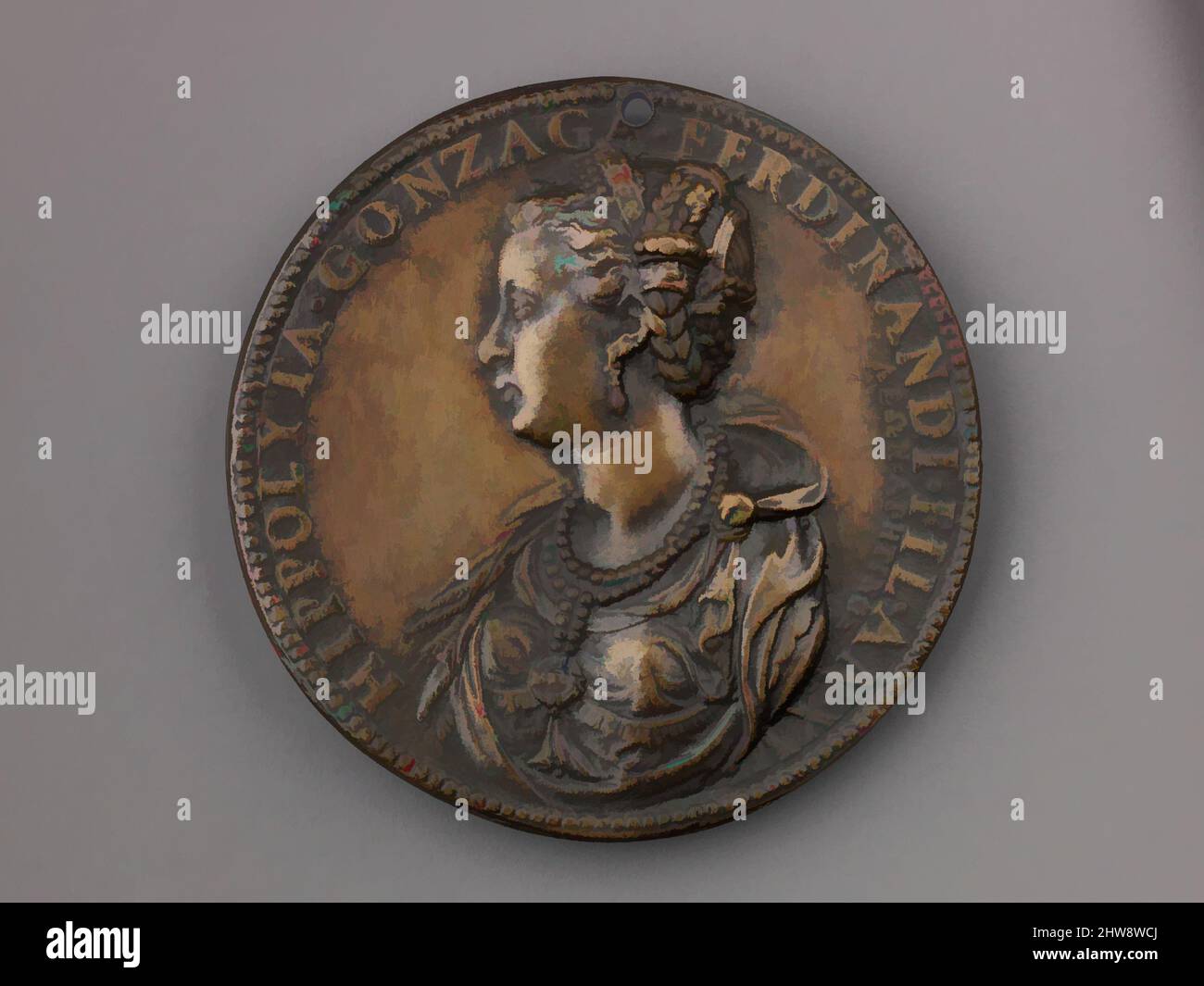 Art inspired by Medal: Ippolita Gonzaga, model 1551 (possibly cast 19th century), Bronze (Copper alloy with worn, dark brown patina), Diam. 6.6 cm, wt. 75.96 g., Medals, Leone Leoni (Italian, Menaggio ca. 1509–1590 Milan), On the obverse is a portrait of Ippolita Gonzaga of Mantua (, Classic works modernized by Artotop with a splash of modernity. Shapes, color and value, eye-catching visual impact on art. Emotions through freedom of artworks in a contemporary way. A timeless message pursuing a wildly creative new direction. Artists turning to the digital medium and creating the Artotop NFT Stock Photo