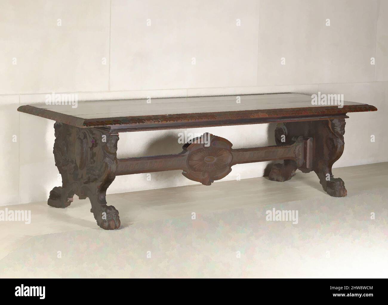 Art inspired by Center table, 19th century, second half or early 20th century, Italian, Walnut, carved., H. 76.2 cm, W. 279.6 cm, D. 101.6 cm, Woodwork-Furniture, Classic works modernized by Artotop with a splash of modernity. Shapes, color and value, eye-catching visual impact on art. Emotions through freedom of artworks in a contemporary way. A timeless message pursuing a wildly creative new direction. Artists turning to the digital medium and creating the Artotop NFT Stock Photo