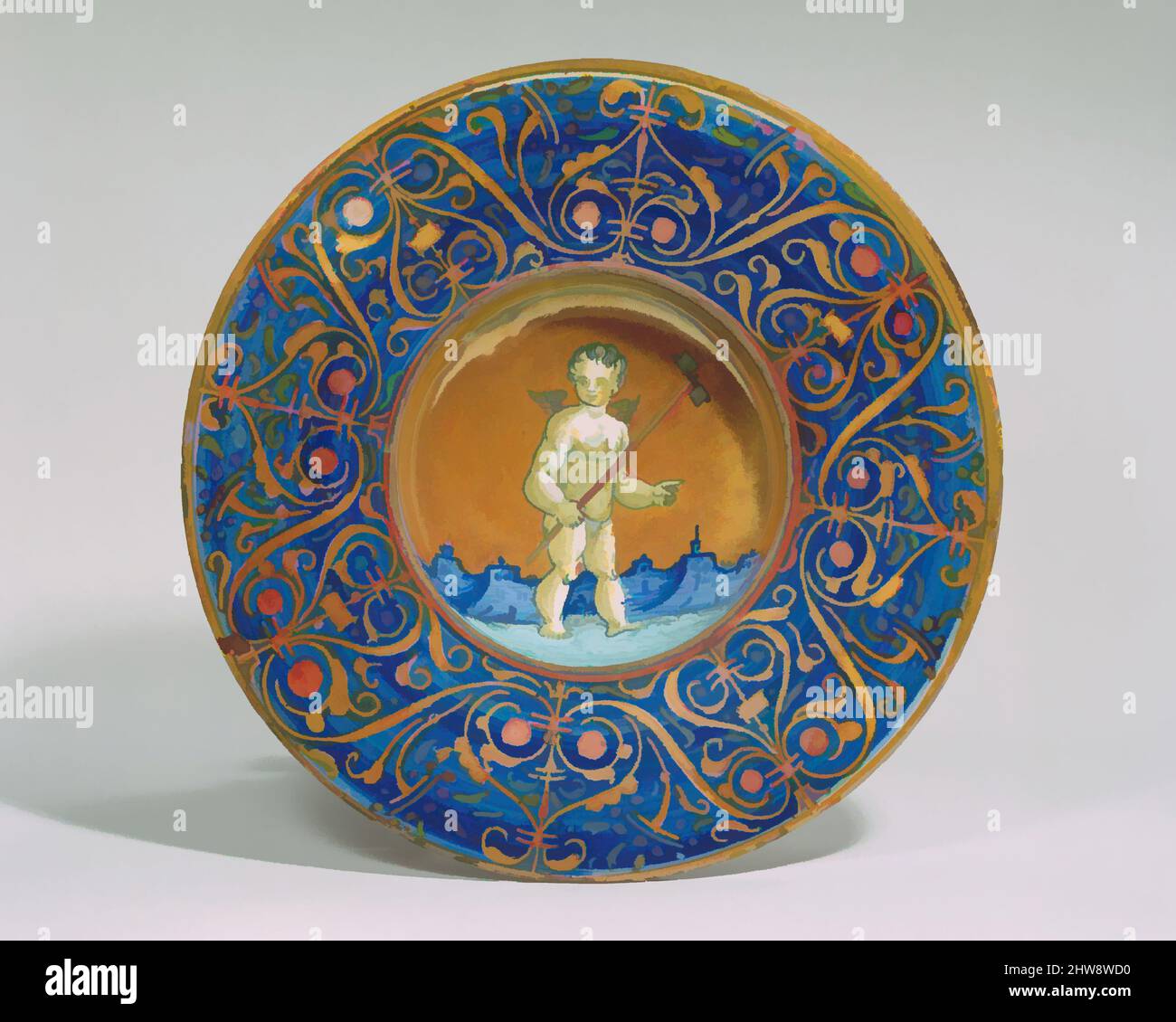 Art inspired by Dish (tondino), ca. 1530, Italian, Gubbio, Maiolica (tin-glazed earthenware), Diameter: 9 15/16 in. (25.2 cm), Ceramics-Pottery, Italian, Gubbio, early 16th century, This small lustered bowl is typical of ceramics made in Gubbio in the 1520s and 1530s. The meaning of, Classic works modernized by Artotop with a splash of modernity. Shapes, color and value, eye-catching visual impact on art. Emotions through freedom of artworks in a contemporary way. A timeless message pursuing a wildly creative new direction. Artists turning to the digital medium and creating the Artotop NFT Stock Photo