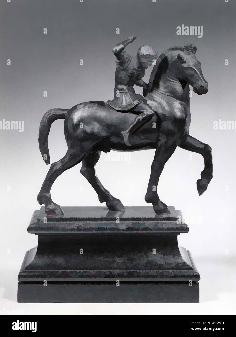 Art inspired by Warrior on Horseback, ca. 1540, Ternary alloy of copper, zinc and tin, with small traces of, H. 25.8 cm (excluding the modern, green marble base)., Metalwork-Bronze, Attributed to Desiderio da Firenze (Italian, born Florence, active Padua, 1532–45), During the, Classic works modernized by Artotop with a splash of modernity. Shapes, color and value, eye-catching visual impact on art. Emotions through freedom of artworks in a contemporary way. A timeless message pursuing a wildly creative new direction. Artists turning to the digital medium and creating the Artotop NFT Stock Photo