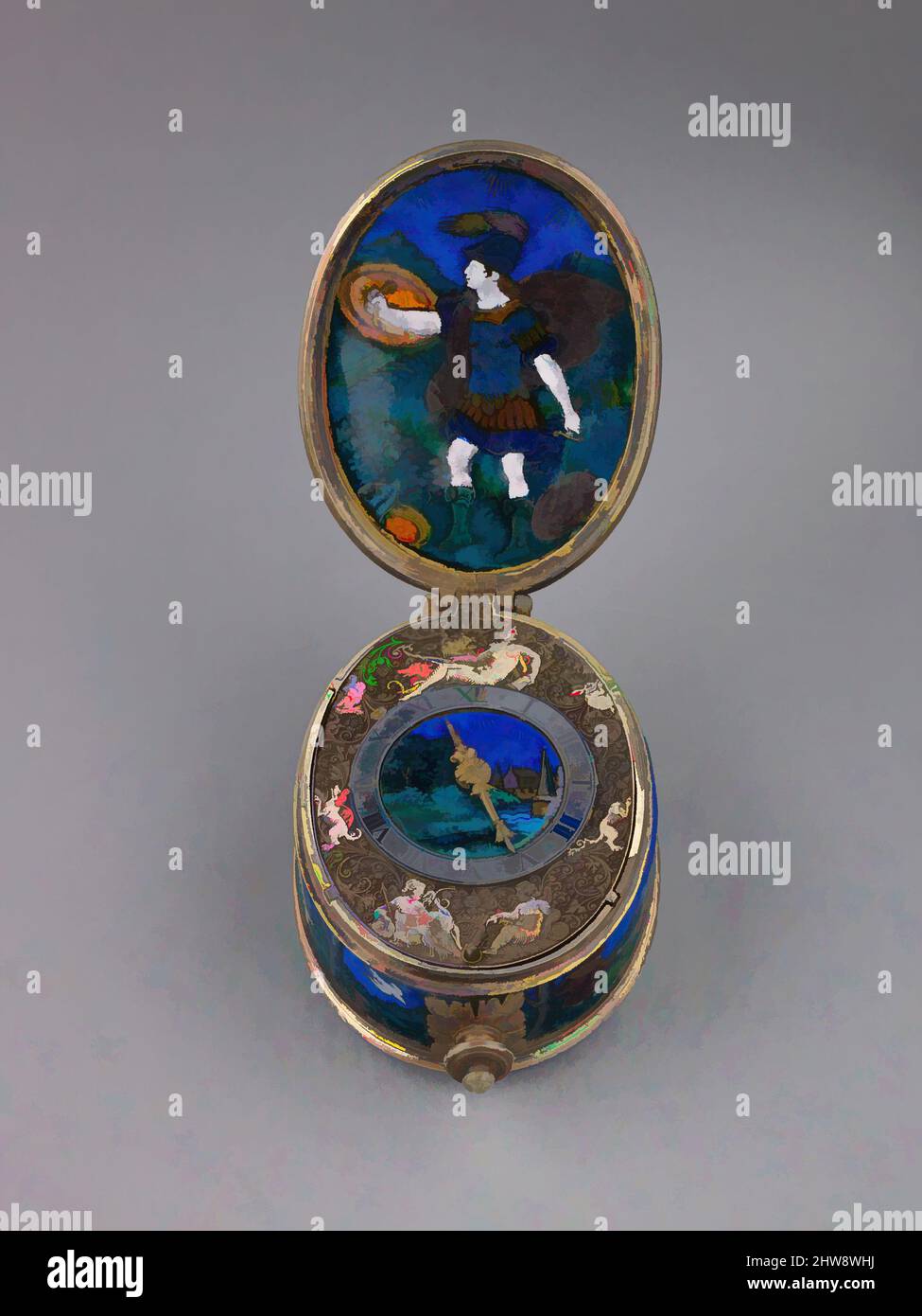 Art inspired by Watch, first quarter of 17th century, Case of brass with plaques of painted enamel on copper, partly gilt and partly silvered, and silver-gilt mounts. Dial of brass with traces of gilding and with a silver chapter of hours; in the center a disk of painted enamel on, Classic works modernized by Artotop with a splash of modernity. Shapes, color and value, eye-catching visual impact on art. Emotions through freedom of artworks in a contemporary way. A timeless message pursuing a wildly creative new direction. Artists turning to the digital medium and creating the Artotop NFT Stock Photo