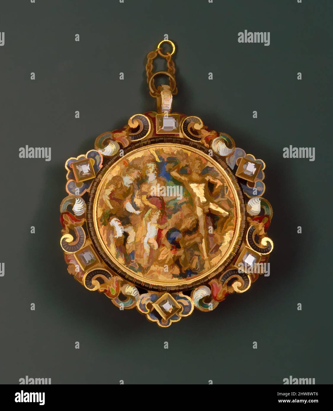 Art inspired by Hat Badge Mounted as a Pendant with the Flaying of Marsyas, first half 16th century and 1859–86, Gold, enamel and diamonds, H. 6.7 cm, w. 5.7 cm, Albert André (French, Lyons 1869–1954 Laudun, Classic works modernized by Artotop with a splash of modernity. Shapes, color and value, eye-catching visual impact on art. Emotions through freedom of artworks in a contemporary way. A timeless message pursuing a wildly creative new direction. Artists turning to the digital medium and creating the Artotop NFT Stock Photo