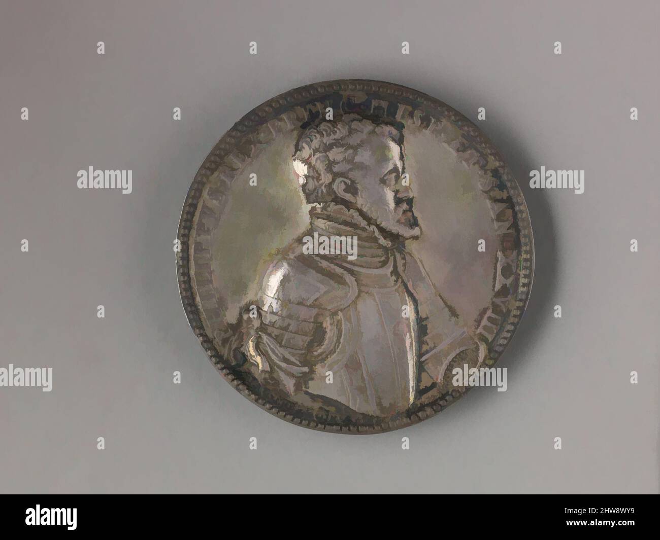 Art inspired by Portrait medal of Philip II (obverse); Mary Tudor Queen of England (reverse), 1555, Silver/copper alloy with traces of lead., Diam. 6.6 cm, wt. 98.96 g., Medals, Jacopo Nizolla da Trezzo (Italian, Milan 1515/19–1589 Madrid), The obverse bears a portrait of Philip II, Classic works modernized by Artotop with a splash of modernity. Shapes, color and value, eye-catching visual impact on art. Emotions through freedom of artworks in a contemporary way. A timeless message pursuing a wildly creative new direction. Artists turning to the digital medium and creating the Artotop NFT Stock Photo