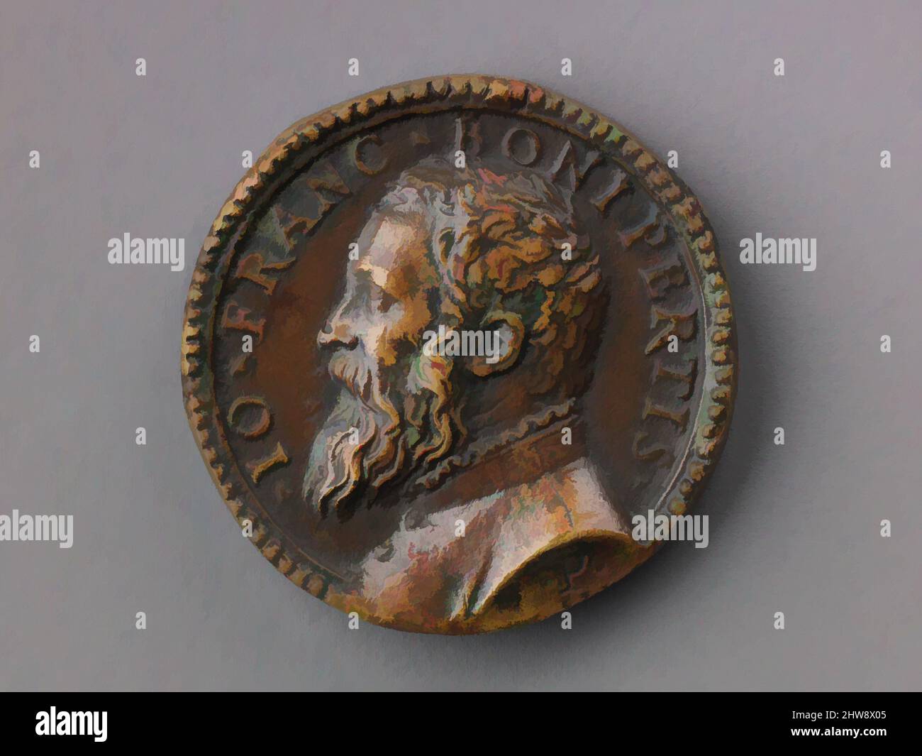 Art inspired by Medal: Bust of Gianfrancesco Boniperti, model ca. 1550 (contemporary cast), Bronze (Copper alloy with reddish brown, Diam. 3.9 cm, wt. 26.02 g., Medals, Pastorino de Pastorini (Italian, Castelnuovo della Berardenga 1508–1592 Florence), Pastorino de Pastorini was an, Classic works modernized by Artotop with a splash of modernity. Shapes, color and value, eye-catching visual impact on art. Emotions through freedom of artworks in a contemporary way. A timeless message pursuing a wildly creative new direction. Artists turning to the digital medium and creating the Artotop NFT Stock Photo