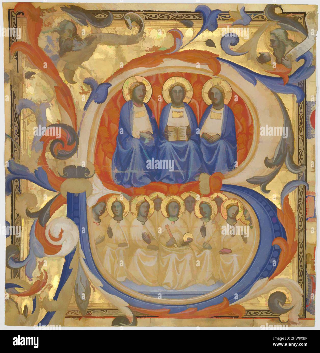 Art inspired by The Trinity in an Initial B, Probably 1387, Italian, Siena, Tempera and gold on parchment, Cutting: 10 9/16 x 10 1/16 in. (26.8 x 25.5cm), Manuscripts and Illuminations, Master of the Codex Rossiano (Sienese, active ca. 1380–1400), The initial B marks the beginning of, Classic works modernized by Artotop with a splash of modernity. Shapes, color and value, eye-catching visual impact on art. Emotions through freedom of artworks in a contemporary way. A timeless message pursuing a wildly creative new direction. Artists turning to the digital medium and creating the Artotop NFT Stock Photo