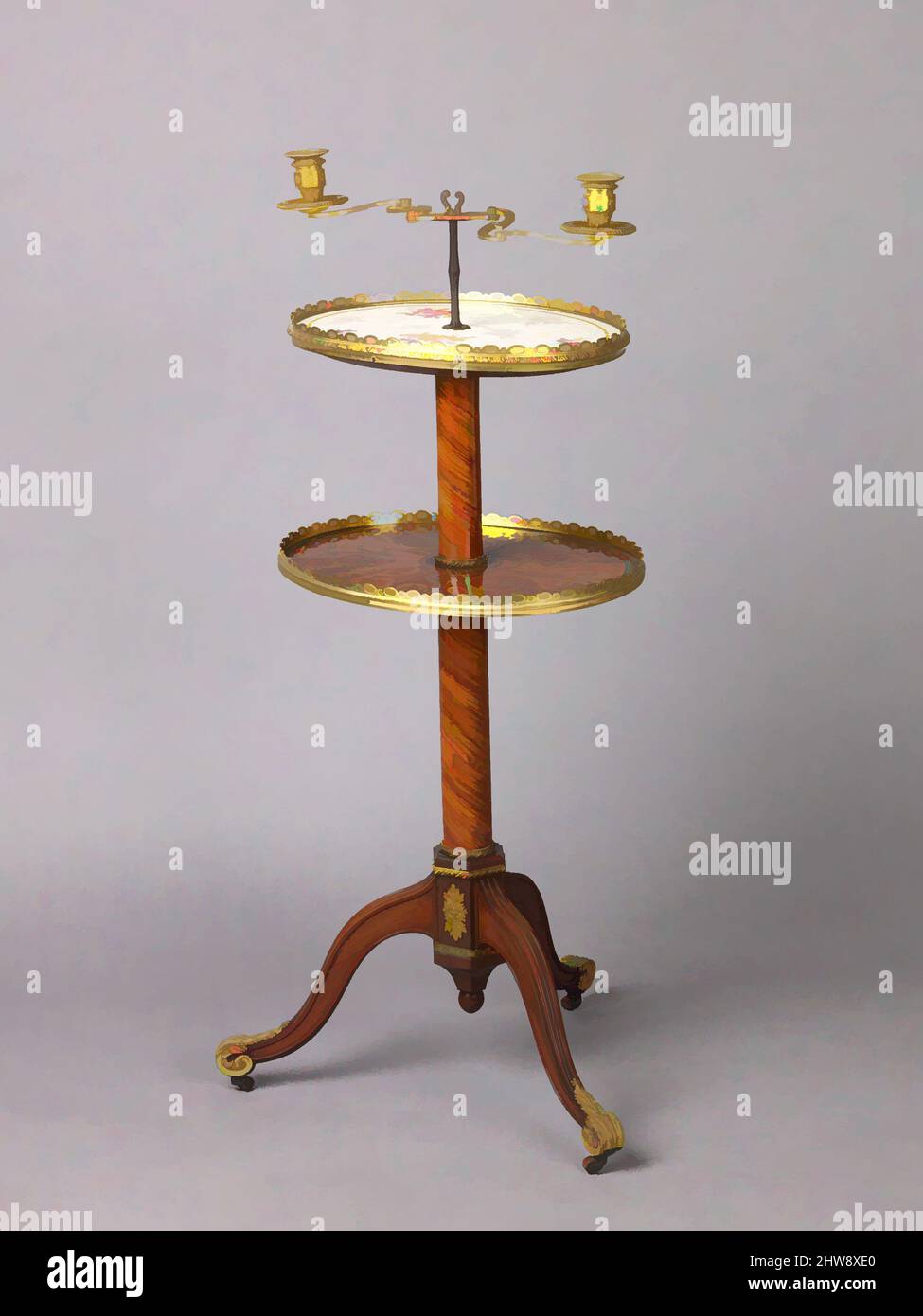 Art inspired by Candlestand and holder (guéridon), ca. 1730–85, Oak veneered with tulipwood and amaranth, the marquetry of tulipwood, boxwood, and sycamore. Legs and hub are of solid amaranth; there is a steel shaft; mounts are of gilt bronze., Overall: H. 77.8 cm; H. without, Classic works modernized by Artotop with a splash of modernity. Shapes, color and value, eye-catching visual impact on art. Emotions through freedom of artworks in a contemporary way. A timeless message pursuing a wildly creative new direction. Artists turning to the digital medium and creating the Artotop NFT Stock Photo