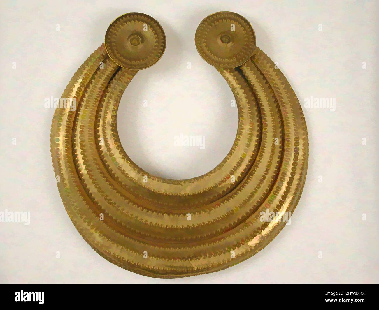 Art inspired by Crescent or Gorget, early 20th century (8th–11th century), Irish, Gold, Diam: 4 15/16 (11 cm.) Depth: 3/16 in. (1/2 cm.), Reproductions-Metalwork, Classic works modernized by Artotop with a splash of modernity. Shapes, color and value, eye-catching visual impact on art. Emotions through freedom of artworks in a contemporary way. A timeless message pursuing a wildly creative new direction. Artists turning to the digital medium and creating the Artotop NFT Stock Photo