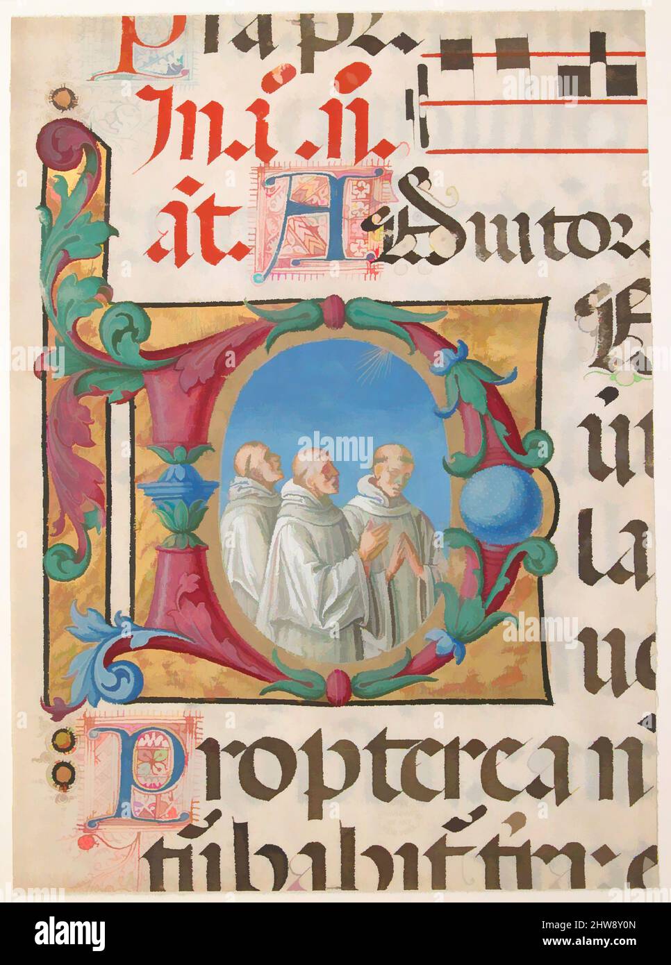 Art inspired by Manuscript Illumination with Singing Monks in an Initial D, from a Psalter, 1501–2, Made in Verona, Italy, Italian, Tempera, ink, and gold on parchment, Overall: 9 1/16 x 7 in. (23 x 17.8 cm), Manuscripts and Illuminations, Girolamo dai Libri (Italian, Verona 1474–1555, Classic works modernized by Artotop with a splash of modernity. Shapes, color and value, eye-catching visual impact on art. Emotions through freedom of artworks in a contemporary way. A timeless message pursuing a wildly creative new direction. Artists turning to the digital medium and creating the Artotop NFT Stock Photo