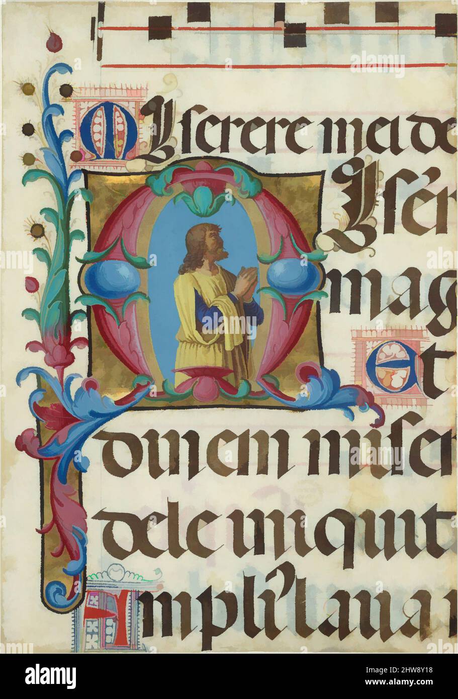 Art inspired by Manuscript Illumination with David in Prayer in an Initial M, from a Psalter, 1501–2, Made in Verona, Italy, Italian, Tempera, ink, and gold on parchment, Overall: 8 15/16 x 6 1/4 in. (22.7 x 15.9 cm), Manuscripts and Illuminations, Girolamo dai Libri (Italian, Verona, Classic works modernized by Artotop with a splash of modernity. Shapes, color and value, eye-catching visual impact on art. Emotions through freedom of artworks in a contemporary way. A timeless message pursuing a wildly creative new direction. Artists turning to the digital medium and creating the Artotop NFT Stock Photo