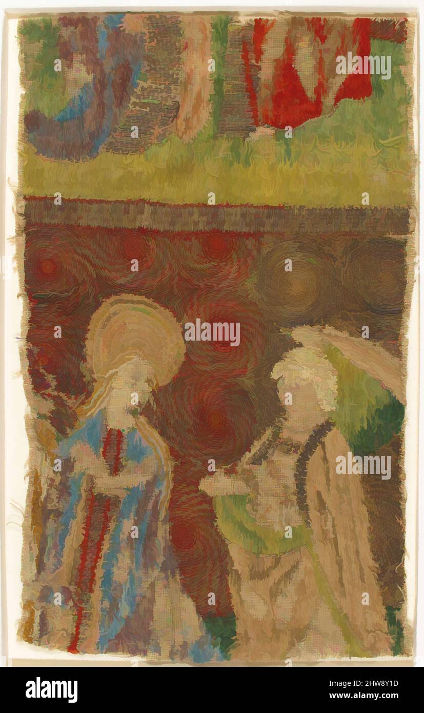 Art inspired by Panel with the Virgin and Gabriel Annunciate, 15th century, Made in Cologne, Germany, German, Silk on linen (?), Overall: 12 5/16 × 7 5/8 in. (31.2 × 19.3 cm), Textiles-Embroidered, Classic works modernized by Artotop with a splash of modernity. Shapes, color and value, eye-catching visual impact on art. Emotions through freedom of artworks in a contemporary way. A timeless message pursuing a wildly creative new direction. Artists turning to the digital medium and creating the Artotop NFT Stock Photo