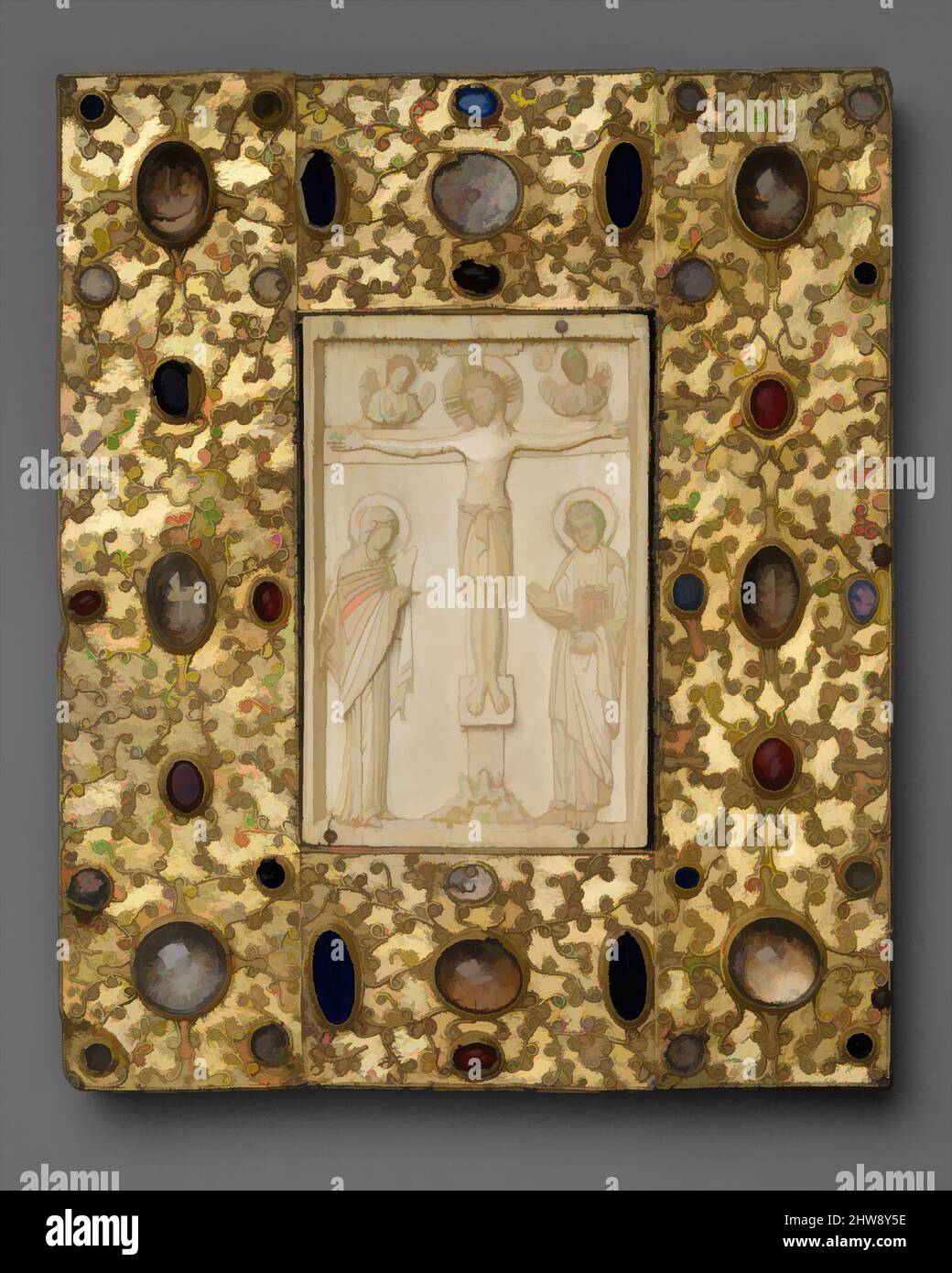 Art inspired by Book Cover with Byzantine Icon of the Crucifixion, 1000 (ivory); before 1085 (setting), Made in Constantinople (Ivory); Made in Jaca, Spain (Setting), Byzantine (ivory); Spanish (setting), Silver-gilt with pseudo-filigree, glass, crystal, and sapphire cabochons, ivory, Classic works modernized by Artotop with a splash of modernity. Shapes, color and value, eye-catching visual impact on art. Emotions through freedom of artworks in a contemporary way. A timeless message pursuing a wildly creative new direction. Artists turning to the digital medium and creating the Artotop NFT Stock Photo