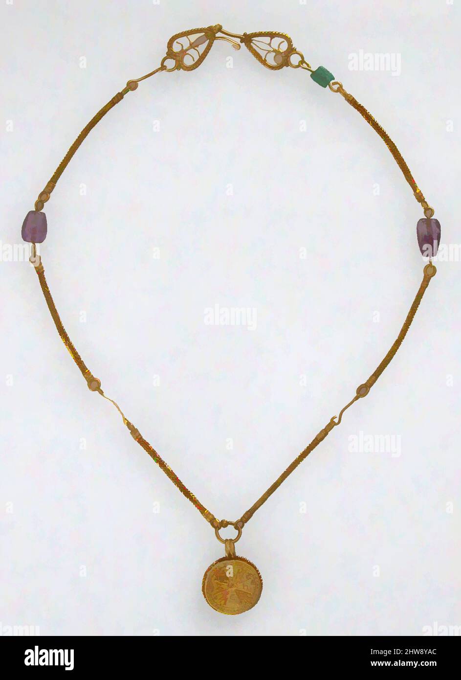 Art inspired by Gold Necklace with Gold Cross, Two Amethysts, and an Emerald Plasma, 6th–7th century, Byzantine, Gold, amethyst, emerald plasma, Overall (chain): 17 5/8 x 1/2 x 3/16 in. (44.8 x 1.2 x 0.4 cm), Metalwork-Gold, The cross, chased into the gold ground, was originally the, Classic works modernized by Artotop with a splash of modernity. Shapes, color and value, eye-catching visual impact on art. Emotions through freedom of artworks in a contemporary way. A timeless message pursuing a wildly creative new direction. Artists turning to the digital medium and creating the Artotop NFT Stock Photo