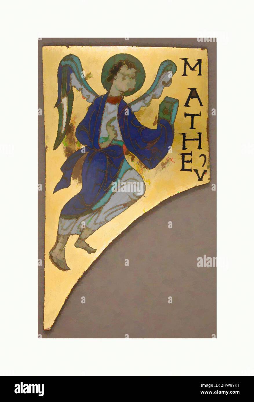 Art inspired by Plaque with the Symbol of the Evangelist Matthew, ca. 1100, Made in Conques, France, French, Copper: cut and gilt; champlevé and cloisonné enamel: black, lapis and lavender blue, turquoise, green, red, white, pinkish white., Overall: 4 1/8 x 2 3/8 x 1/8in. (10.4 x 6.1 x, Classic works modernized by Artotop with a splash of modernity. Shapes, color and value, eye-catching visual impact on art. Emotions through freedom of artworks in a contemporary way. A timeless message pursuing a wildly creative new direction. Artists turning to the digital medium and creating the Artotop NFT Stock Photo
