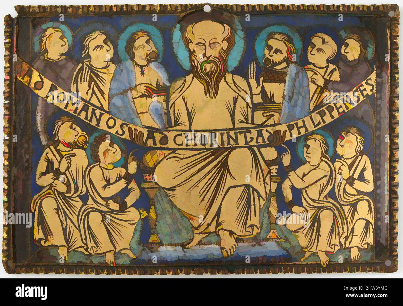 Art inspired by Plaque with Saint Paul and His Disciples, ca. 1160–80, British (?), Champlevé enamel, copper, Overall: 3 3/8 x 4 15/16 x 1/16 in. (8.5 x 12.6 x 0.2 cm), Enamels-Champlevé, The inscription on this plaque refers to the epistles Paul addressed to the various early, Classic works modernized by Artotop with a splash of modernity. Shapes, color and value, eye-catching visual impact on art. Emotions through freedom of artworks in a contemporary way. A timeless message pursuing a wildly creative new direction. Artists turning to the digital medium and creating the Artotop NFT Stock Photo