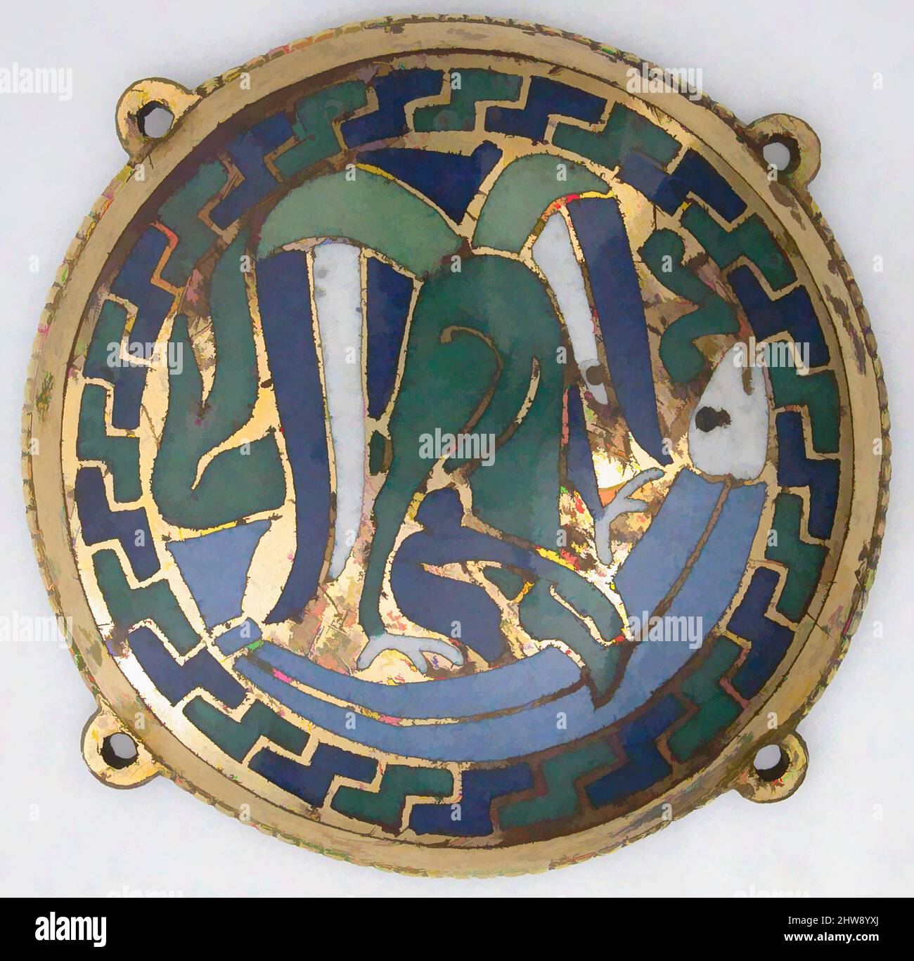 Art inspired by Eagle Attacking a Fish (one of five medallions from a coffret), ca. 1110–30, Made in Conques, France, French, Copper-gilt, champlevé enamel, Overall: 3 9/16 x 9/16 in. (9 x 1.5 cm), Enamels-Champlevé, The blue and green beasts, locked in battle and compressed into the, Classic works modernized by Artotop with a splash of modernity. Shapes, color and value, eye-catching visual impact on art. Emotions through freedom of artworks in a contemporary way. A timeless message pursuing a wildly creative new direction. Artists turning to the digital medium and creating the Artotop NFT Stock Photo