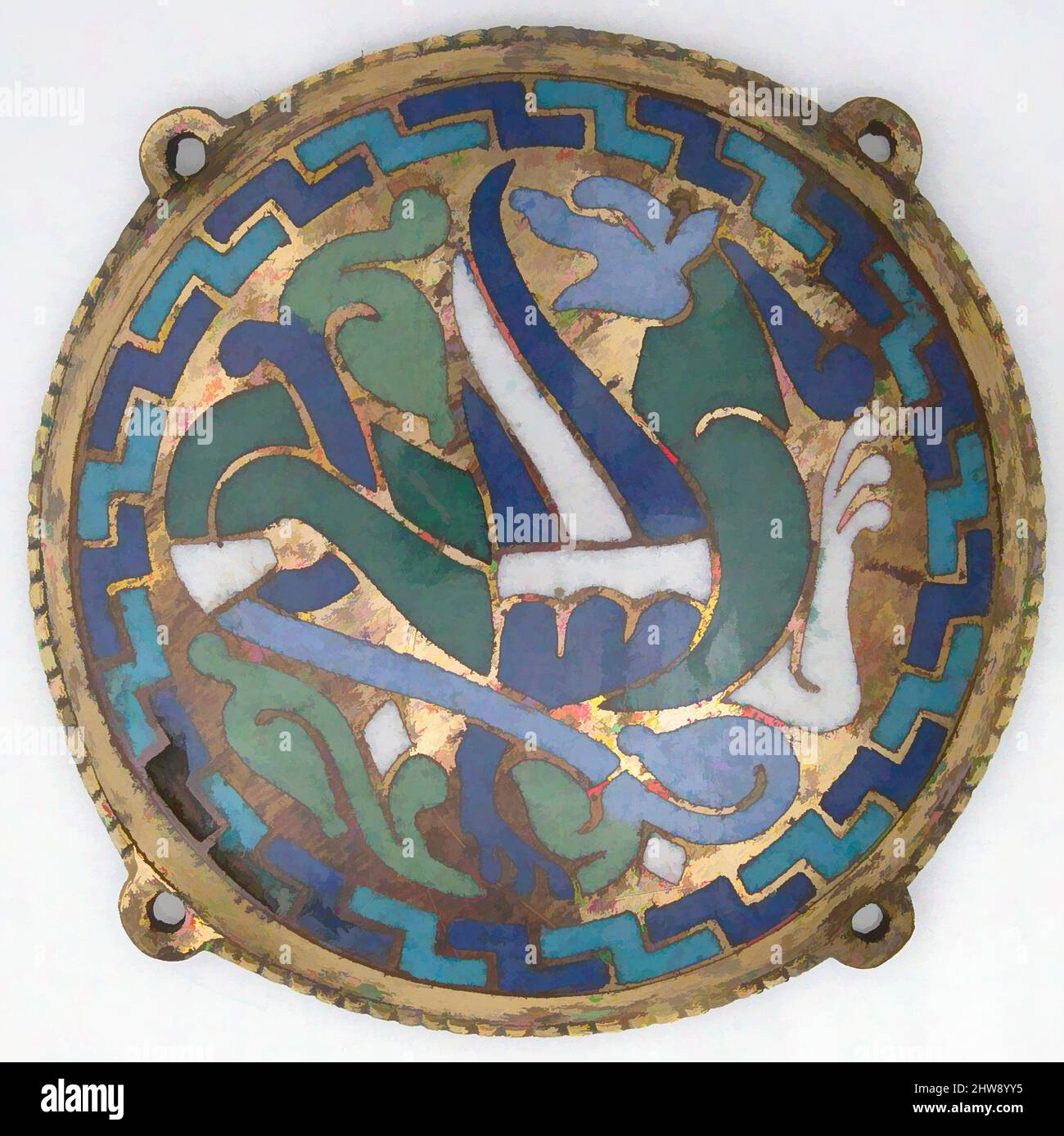 Art inspired by Winged Dragon (one of five medallions from a coffret), ca. 1110–30, Made in Conques, France, French, Copper-gilt, champlevé enamel, Overall: 3 9/16 x 9/16 in. (9 x 1.4 cm), Enamels-Champlevé, The blue and green beasts, locked in battle and compressed into these circular, Classic works modernized by Artotop with a splash of modernity. Shapes, color and value, eye-catching visual impact on art. Emotions through freedom of artworks in a contemporary way. A timeless message pursuing a wildly creative new direction. Artists turning to the digital medium and creating the Artotop NFT Stock Photo