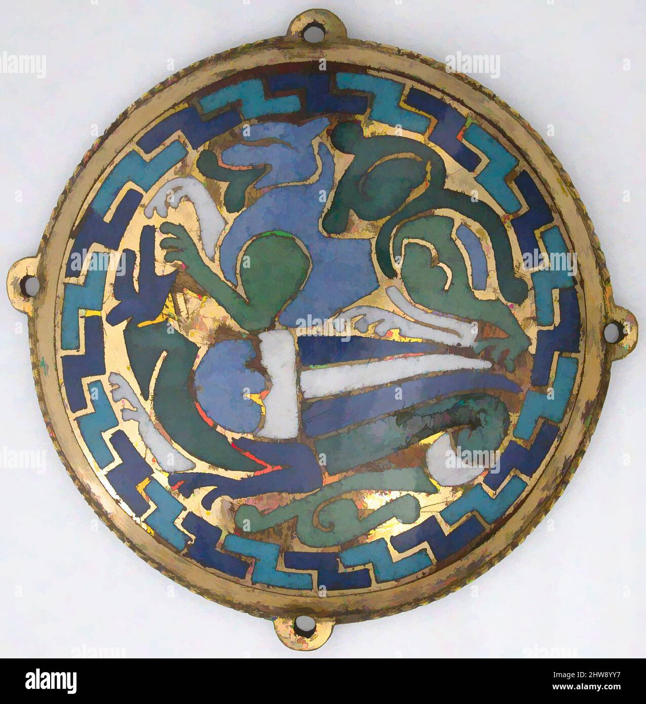 Art inspired by Combat Between Dragon and Dog (one of five medallions from a coffret), ca. 1110–30, Made in Conques, France, French, Copper-gilt, champlevé enamel, Overall: 3 9/16 x 1/2 in. (9 x 1.2 cm), Enamels-Champlevé, The blue and green beasts, locked in battle and compressed into, Classic works modernized by Artotop with a splash of modernity. Shapes, color and value, eye-catching visual impact on art. Emotions through freedom of artworks in a contemporary way. A timeless message pursuing a wildly creative new direction. Artists turning to the digital medium and creating the Artotop NFT Stock Photo